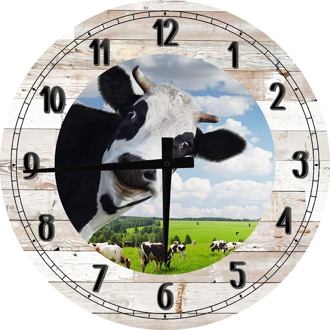 Funny Cow Wall Art for Kitchen - Black & White Farmhouse Decor - Large 12 Inch Round Wood Wall Clock - Perfect for Farmhouse, Country & Rustic Kitchen Decor