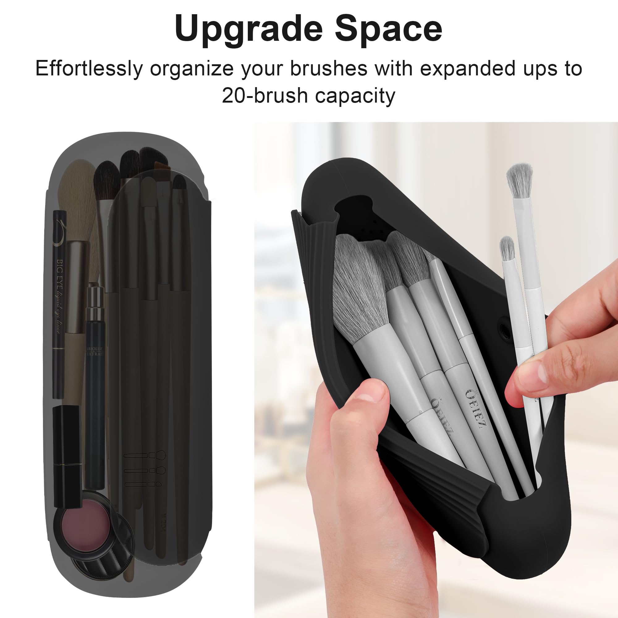Portable Silicone Travel Makeup Brush Holder with Built-in Cleaner | Waterproof Cosmetic Brush Organizer Case | Compact Makeup Tools Storage for On-the-Go | Perfect for Travel, Gym Bag & Daily Cosmetics Organization (Black)