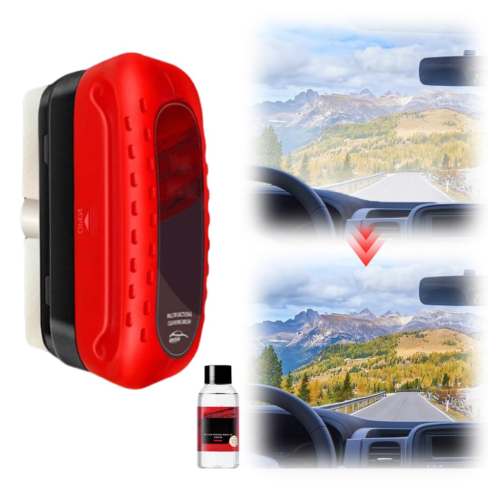2024 New Automotive Oil Film Cleaning Brush with Glass Coating & Extra Cleaner - Windshield Oil Film Remover & Glass Cleaning Wipe - Improves Clarity & Visibility - Perfect for Car Windshield Maintenance & Road Trip Prep (1, Red)