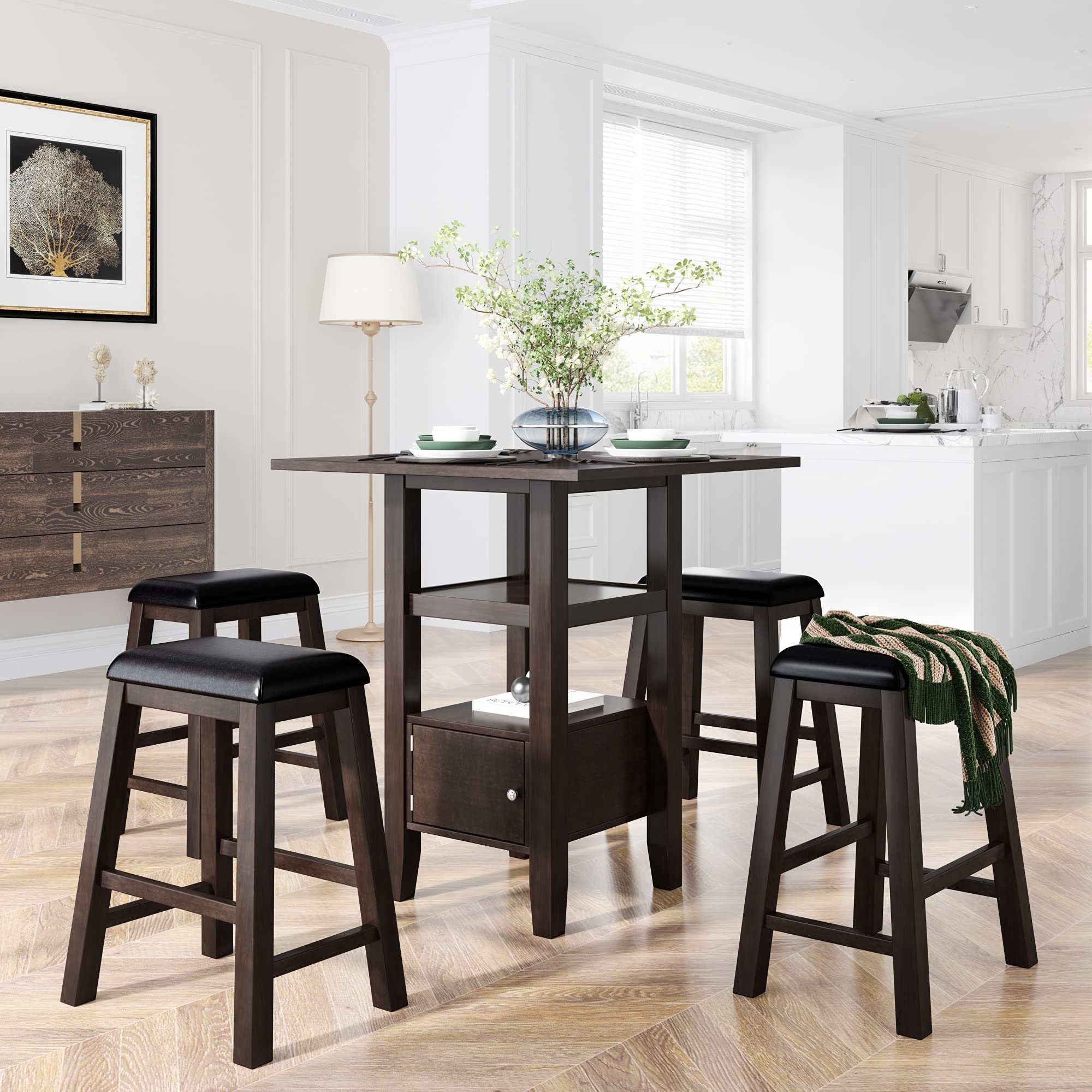 5-Piece Wooden Counter Height Dining Set with Storage Square Table & 4 Upholstered Stools - Perfect for Small Spaces, Dinette Kitchens & Dining Rooms - Ideal for Family Meals, Entertaining & Small Gatherings