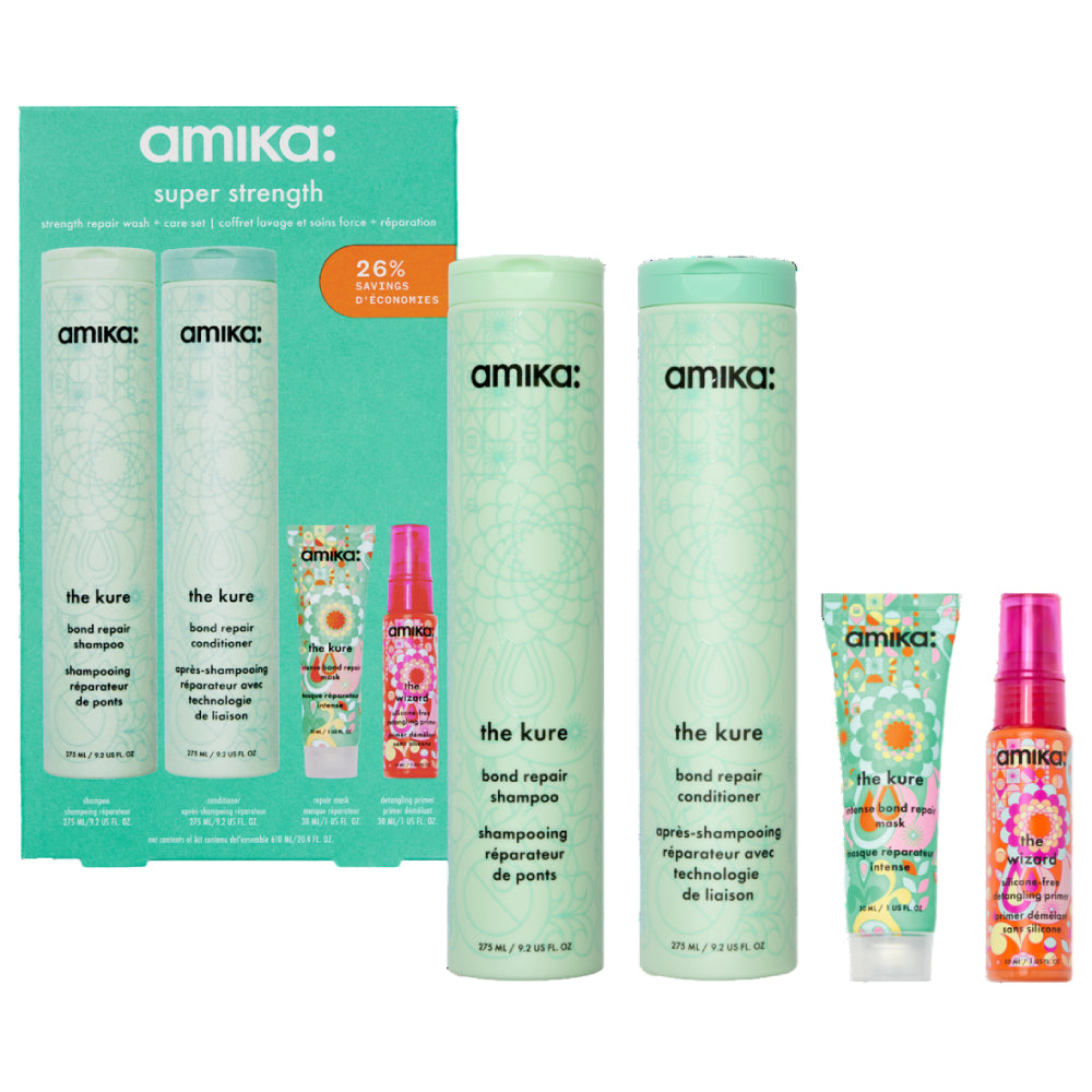 Amika Super Strength Repair Set - Hair Repair Kit for Damaged & Dry Hair - Sulfate-Free Shampoo & Conditioner Set - Perfect for Color-Treated & Chemically Damaged Hair - Salon Quality Hair Care at Home