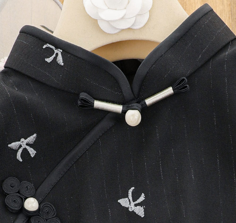 Elegant Blue and Black Stripe Embroidered Midi Cheongsam Qipao Dress for Women | Traditional Chinese Dress for Parties, Weddings & Special Occasions