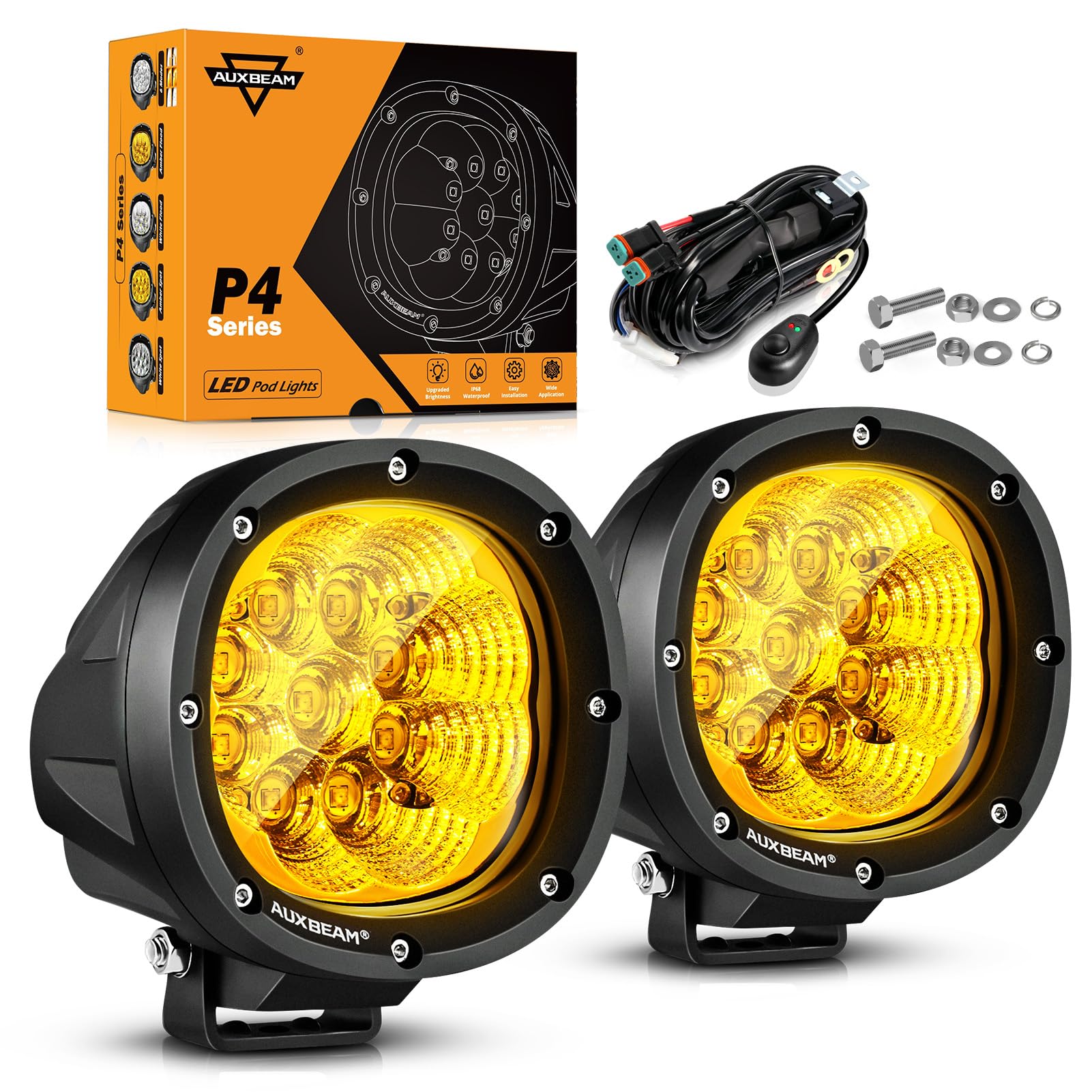 Auxbeam 4 Inch 90W Amber LED Fog Lights - 9000LM Yellow Flood Lights, Round Offroad LED Pods for Trucks, ATV, Motorcycle, Boat & Jeep - Perfect for Night Driving, Off-Road Adventures & Foggy Conditions