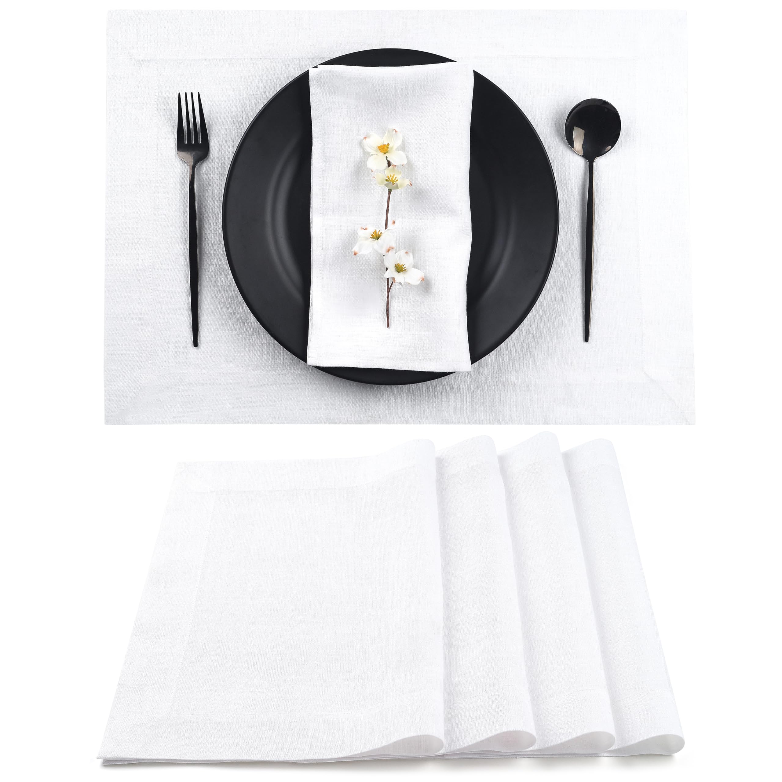 D'Moksha Homes 100% Pure Linen Placemats Set of 4 - 14x19 Inch Washable White Table Mats for Dining, Easter Decor, Kitchen & Home Decor