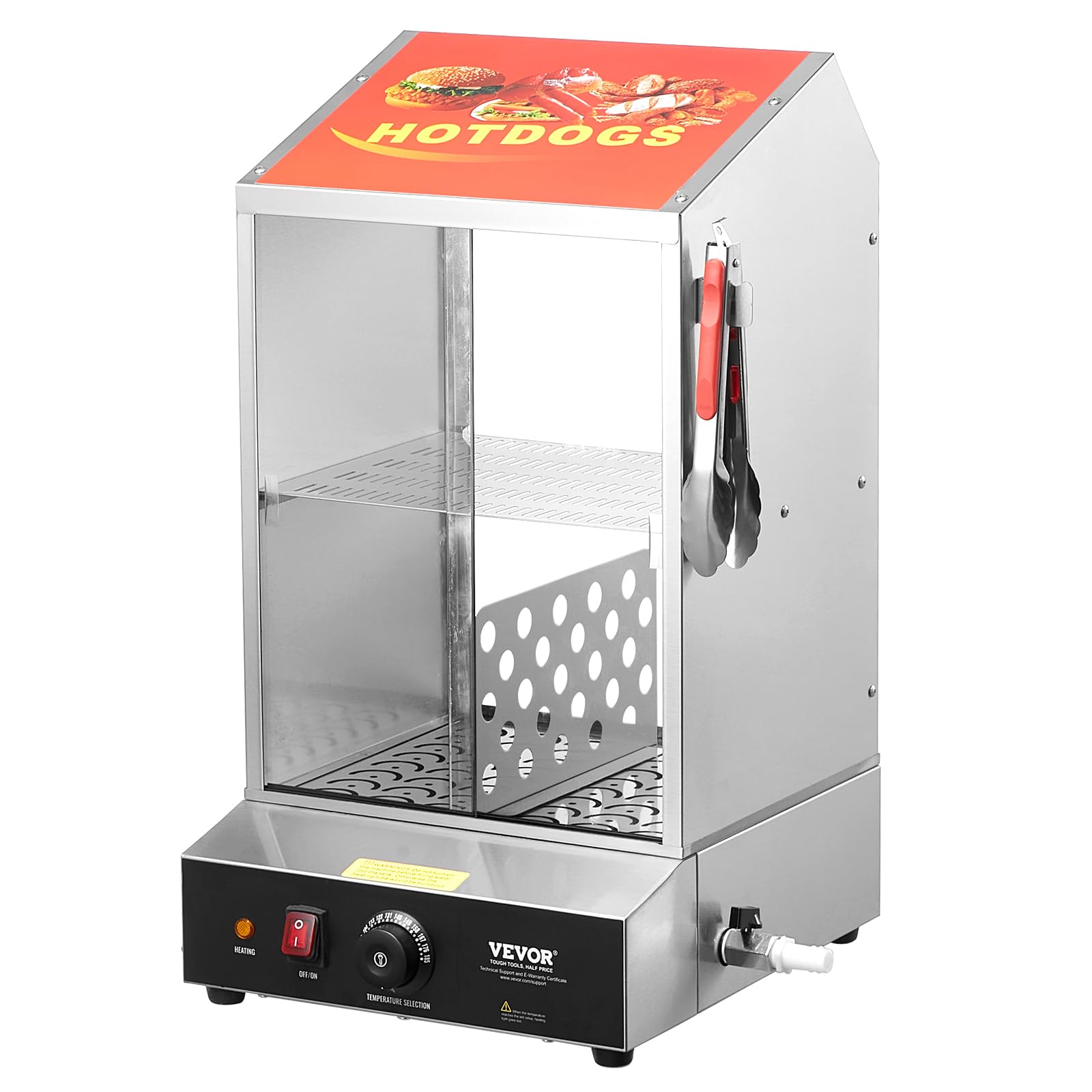 VEVOR 39QT Commercial Hot Dog Steamer - 2-Tier Electric Bun Warmer with Temperature Control (86°F-185°F), Stainless Steel Hot Dog Machine with Tempered Glass Doors & Serving Tools - Perfect for Hot Dog Stands, Food Trucks, and Restaurant Kitchens
