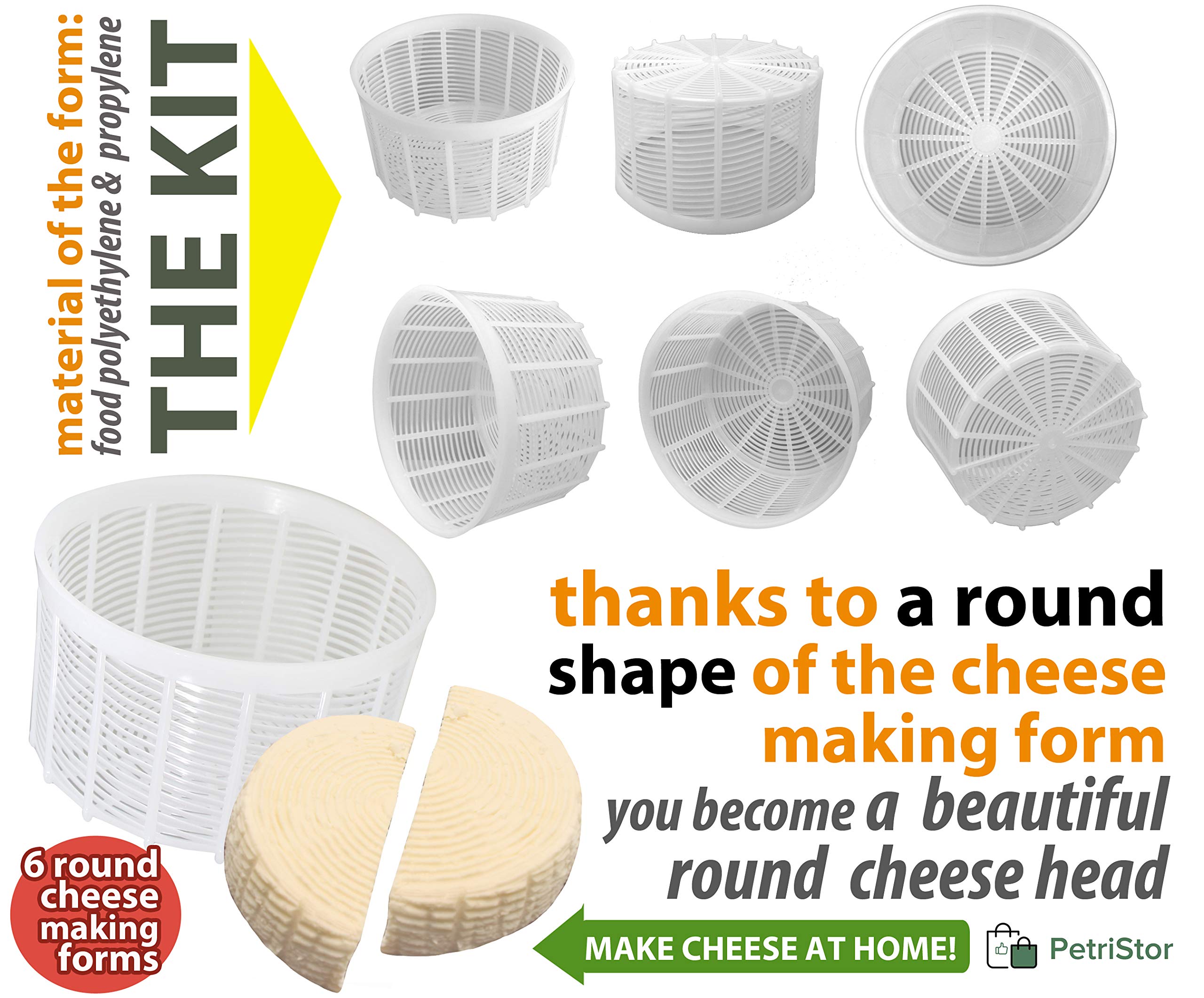 6-Piece Soft Cheese Mold Set for Homemade Cheese Making - 1.25QT Small Cheese Basket Mold for Feta, Ricotta & Cream Cheese - DIY Cheese Making Supplies - Perfect for Artisan Cheesemaking at Home (Molde Para Queso Fresco Casero) - Great for Gifts, Cooking Classes & Farmhouse Kitchens