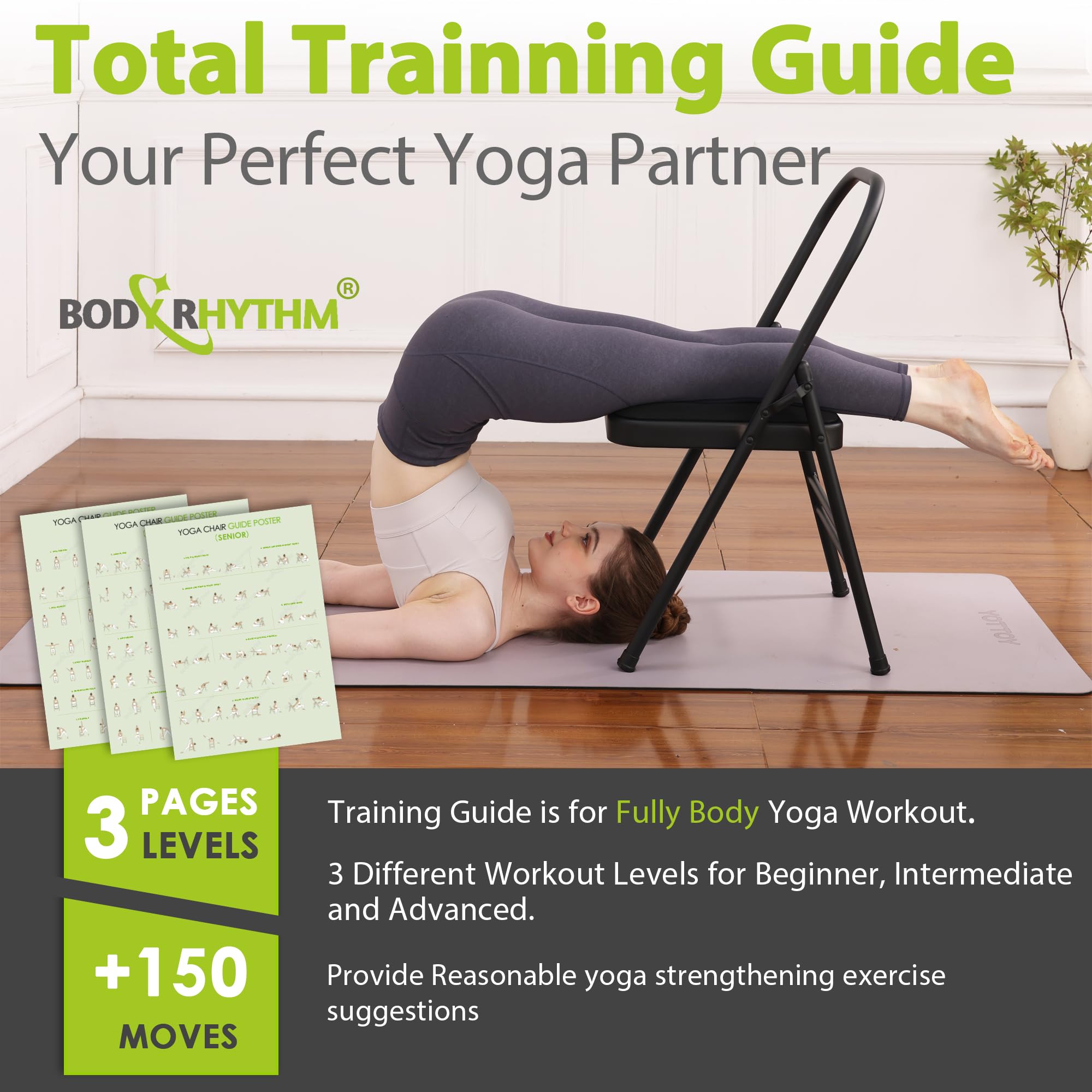 BODY RHYTHM Yoga Chair with Lumbar Support - Core Strength & Balance Training Tool for Handstand Practice, Flexibility Workouts, Back Pain Relief - Perfect for Home Gym & Yoga Studio Use
