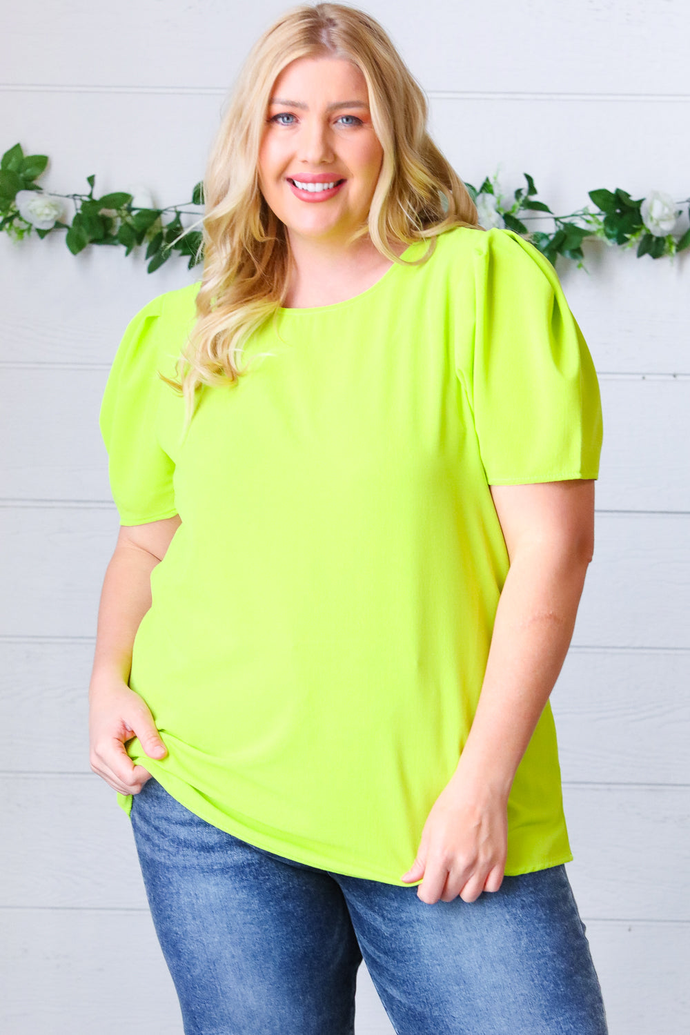 Stylish Neon Green Round Neck Puff Sleeve Crepe Blouse for Women | Trendy Casual & Party Wear | Perfect for Date Nights, Office Outfits & Summer Fashion