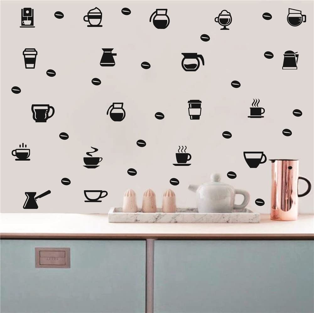Removable DIY Coffee Cup Wall Decal - Cafe Style Window & Kitchen Decor Sticker for Home, Coffee Shop, Office (Black) | Perfect for Coffee Lovers, Barista Gifts & Kitchen Wall Art