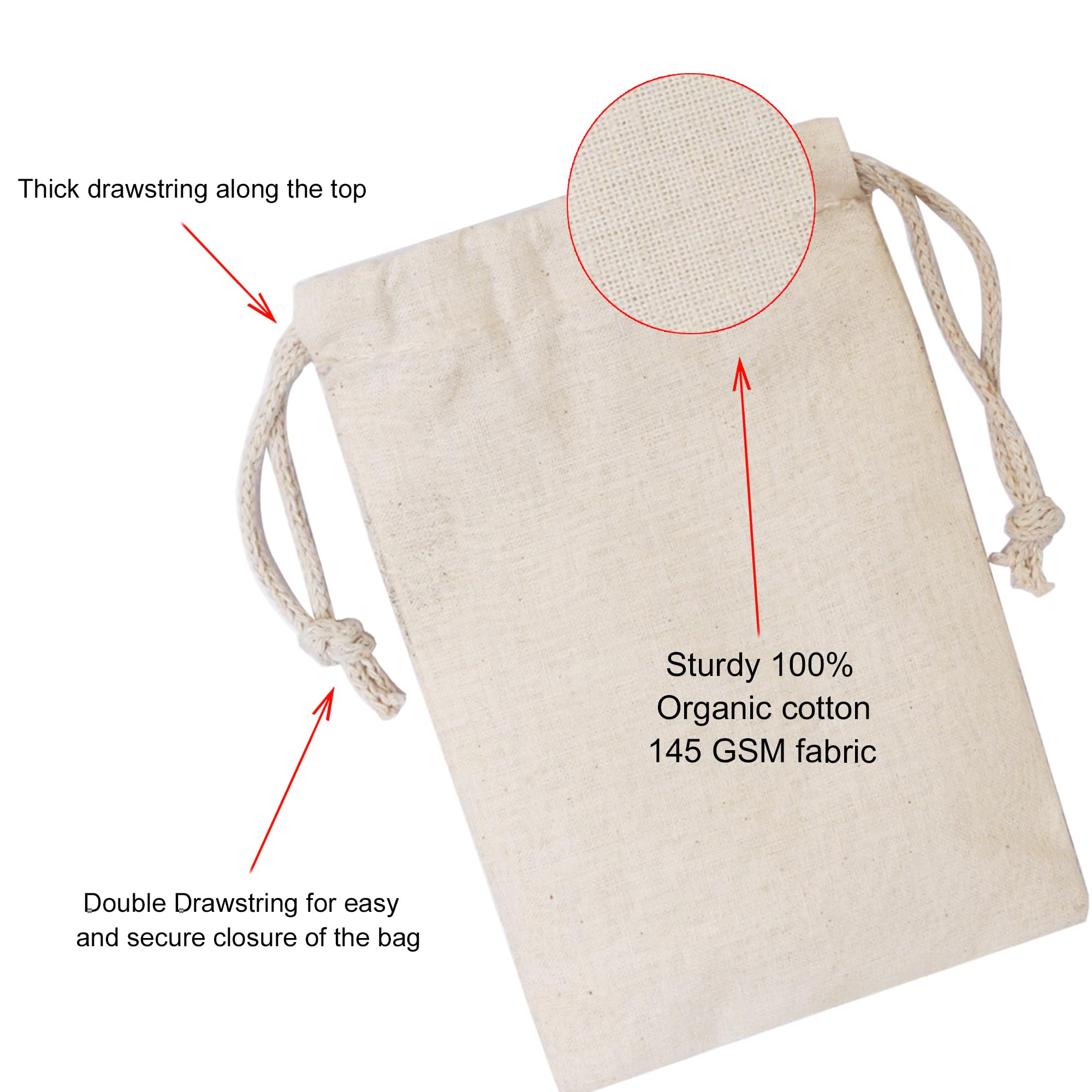 Premium 100% Organic Cotton Muslin Bags - Double Drawstring, Reusable & Eco-Friendly (50-Pack, 18