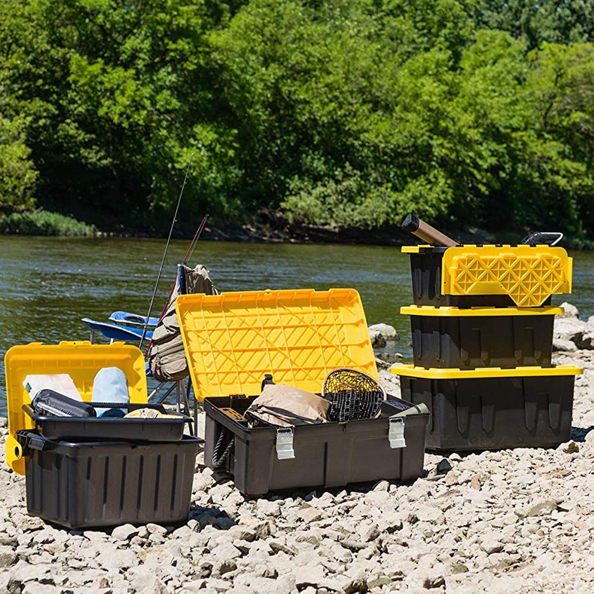 HOMZ 4-Pack 27 Gallon Heavy Duty Plastic Storage Bins with Lids - Durable Black/Yellow Containers for Home Organization, Garage Storage & Moving Supplies