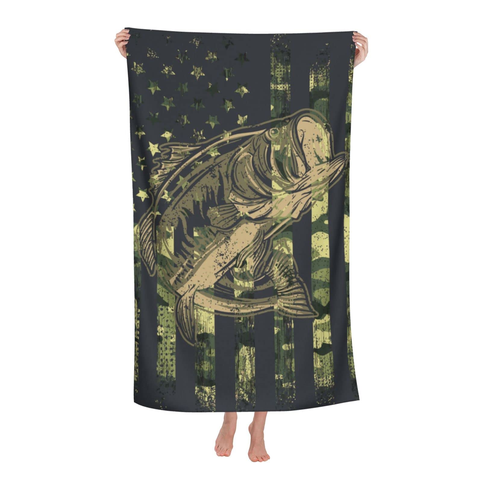 Bassyil American Flag Camouflage Fish Beach Towel - Extra Large Microfiber Soft & Absorbent Bath Towel for Travel, Swimming, Pool, Beach | Perfect for Summer Outings, Picnics, and Outdoor Adventures
