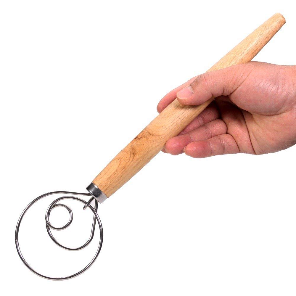13 Inch Oak Handle Dough Whisk - Professional Bread & Pastry Mixer - Heavy Duty Egg Beater & Cake Blender - Perfect for Baking, Cooking & Homemade Pastry Dough (Ideal for Bread, Cookies, Pizza & More)