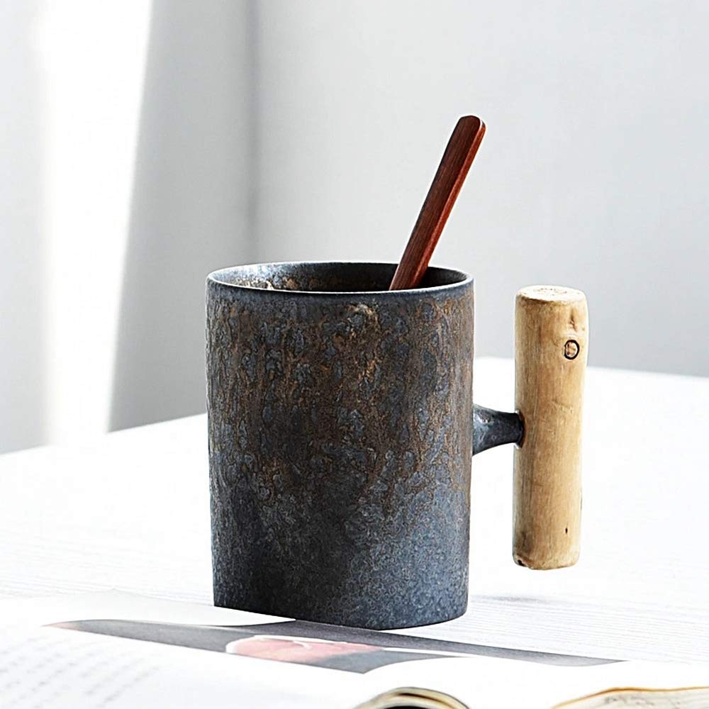 Vintage Rustic Ceramic Mug with Wooden Spoon - Handmade Coarse Pottery Tea Cup, Coffee Mug for Milk, Tea & Hot Drinks - Perfect for Farmhouse Decor, Rustic Kitchen & Cozy Home Use