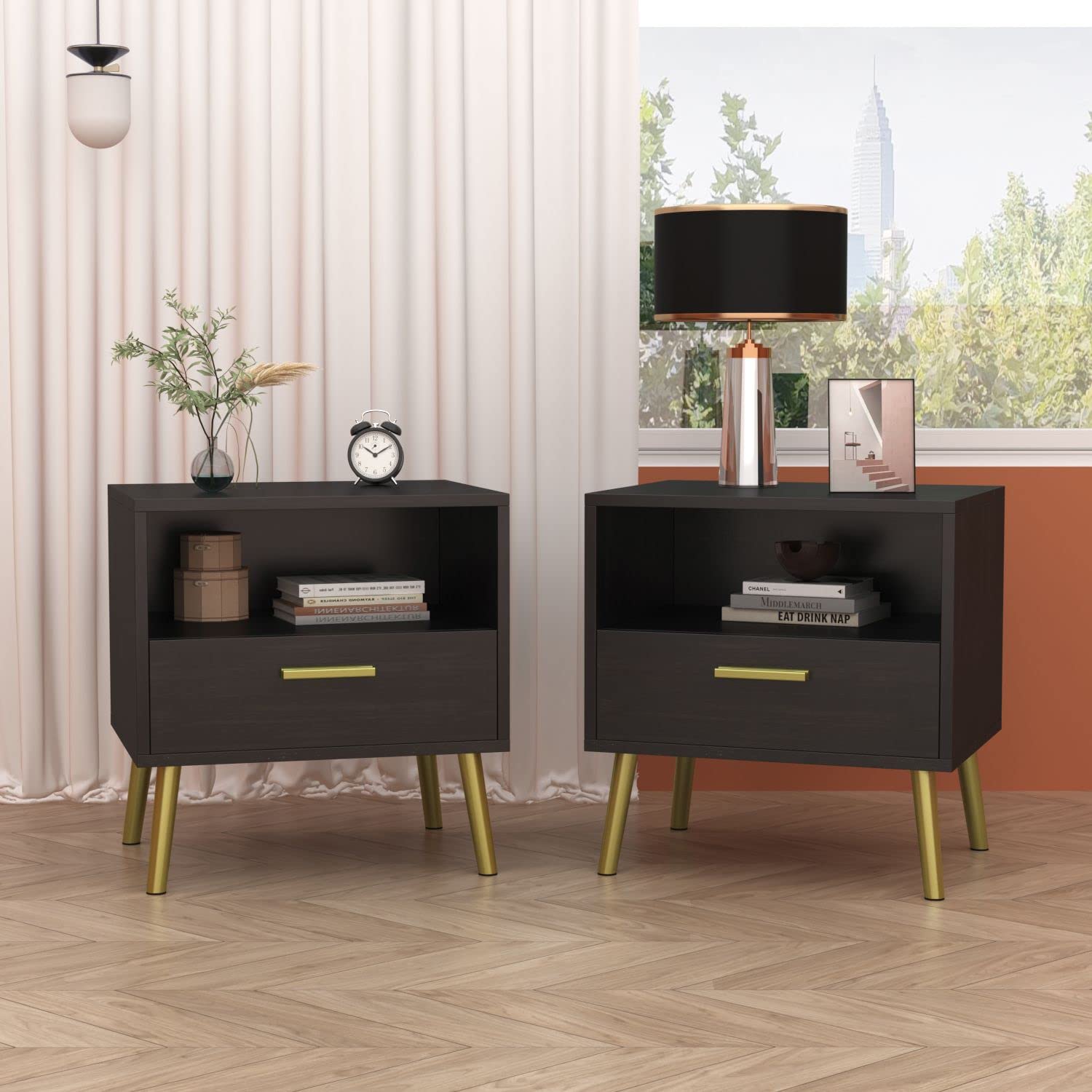 FAMAPY Modern Nightstand with Drawer & Open Shelf - Gold Metal Legs Bedside Table for Bedroom, Living Room - Espresso Finish (19.5