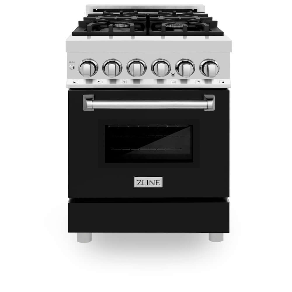 ZLINE 24 Inch 2.8 Cu. Ft. Dual Fuel Range - 4 Burner Gas Cooktop & Electric Convection Oven - Stainless Steel with Black Matte Door (RA BLM 24) - Perfect for Modern Kitchens & Professional Cooking