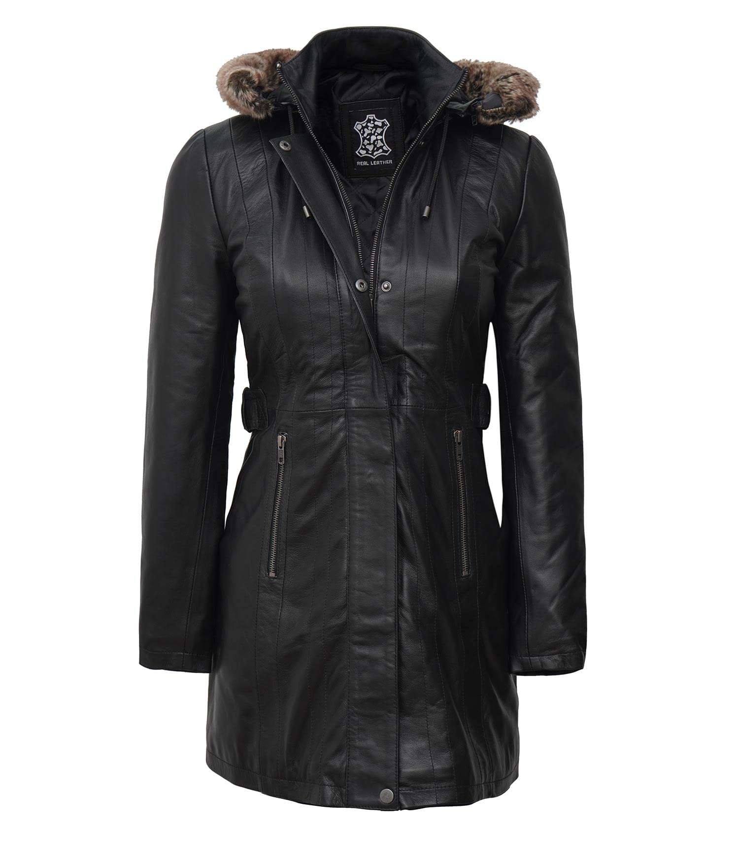 Fjackets Women's Long Coat - Genuine Leather Zip-Up Hooded Jacket for Women | Stylish Outerwear for Fall & Winter Fashion