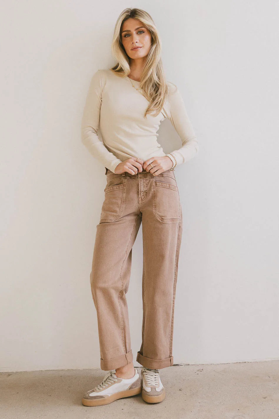 Lexie Ribbed Beige Top for Women - Soft Stretch Casual & Layering T-Shirt for Everyday Wear, Outfits, and Office Looks