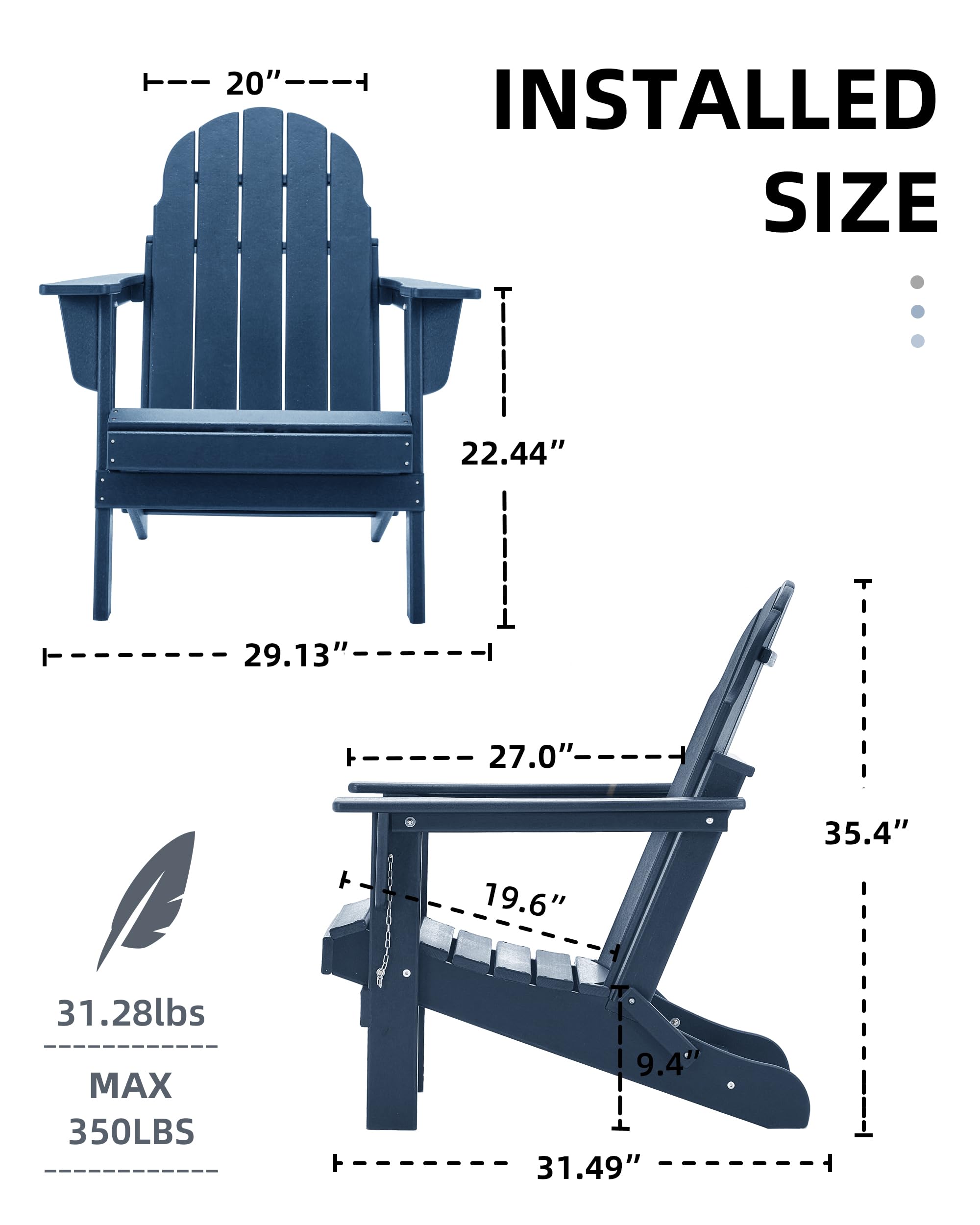 **HDPE All-Weather Folding Adirondack Chair - Navy Blue - Outdoor Fire Pit Seating, Patio, Garden, Deck & Poolside Relaxation**