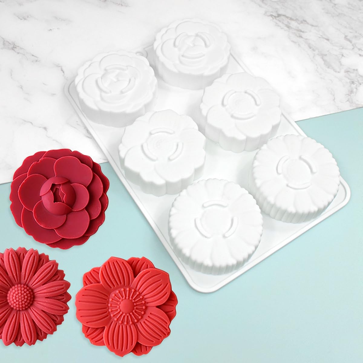 Mostsom 6-Cavity Flower Silicone Cake Mold - DIY Baking Tool for Cupcakes, Bread, Mooncakes - Reusable Non-Stick Silicone Mould for Home Baking & Party Dessert Decorations