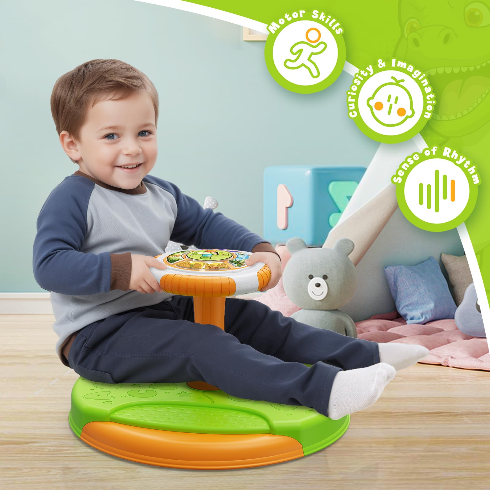 Dinosaur Sit and Spin Toy for Toddlers 3-5 Years - 360° Rotating Sensory Seat with LED Lights & Music - Best Birthday Gift for Boys & Girls - Perfect for Indoor Play, Preschool Activities & Sensory Development