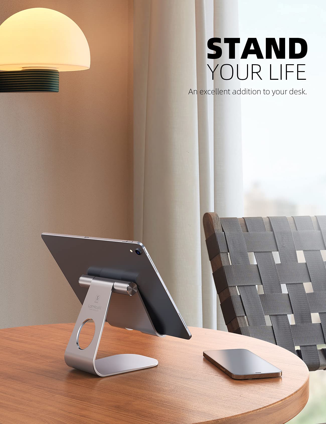 Lamicall Adjustable Tablet Stand Holder - Universal Desktop Stand for iPad Pro 9.7/10.5/12.9, iPad Air 2/3/4, iPad Mini 2/3/4, iPhone, Nintendo Switch, Samsung Galaxy Tab & More Smartphones (Silver) - Perfect for Home Office, Bed Reading & Kitchen Cooking