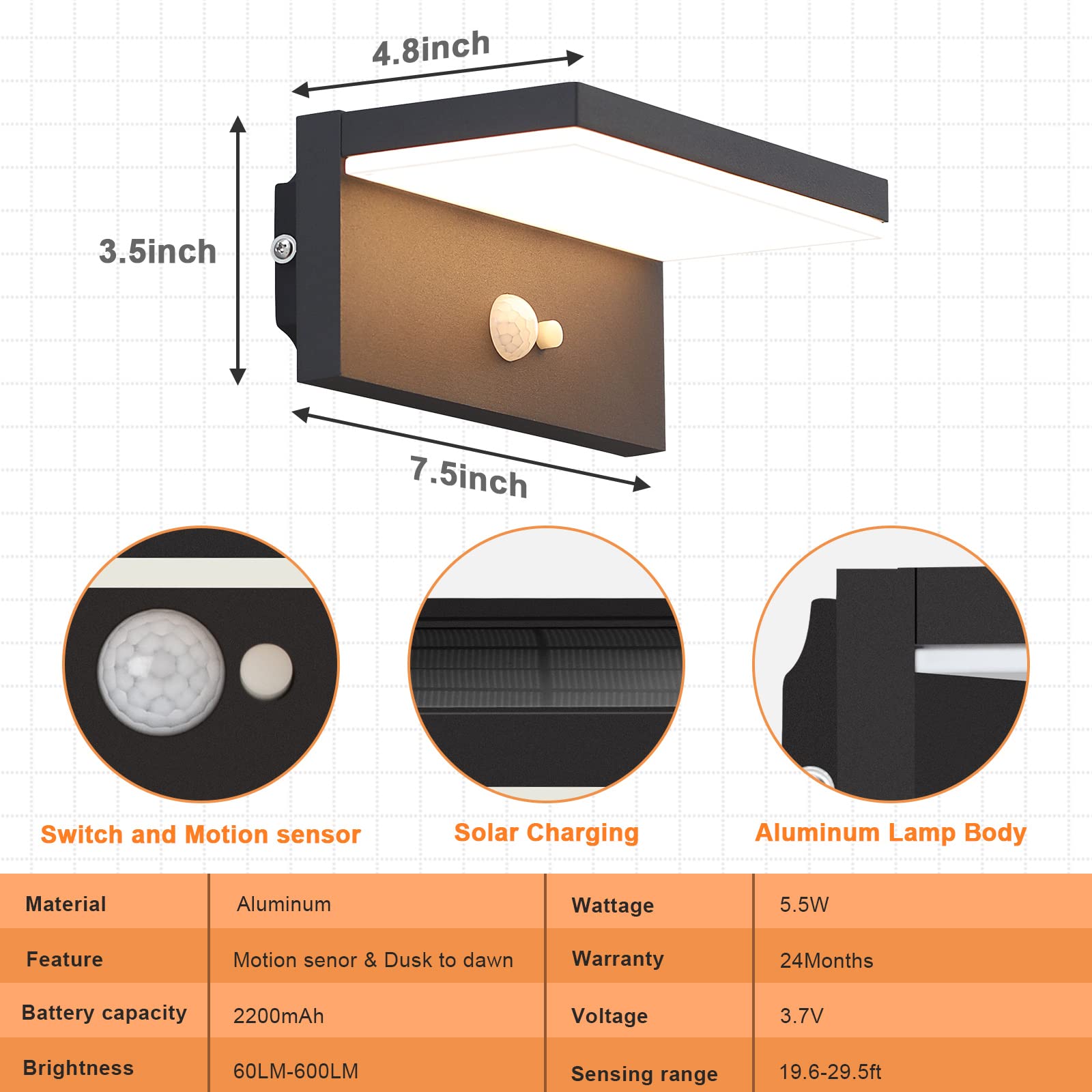 Lustrlach Solar Motion Sensor Wall Lights - Outdoor Waterproof LED Solar Wall Sconce, Black Dusk to Dawn Modern Porch Light - Perfect for Garage, House, Patio, Garden & Pathway Lighting