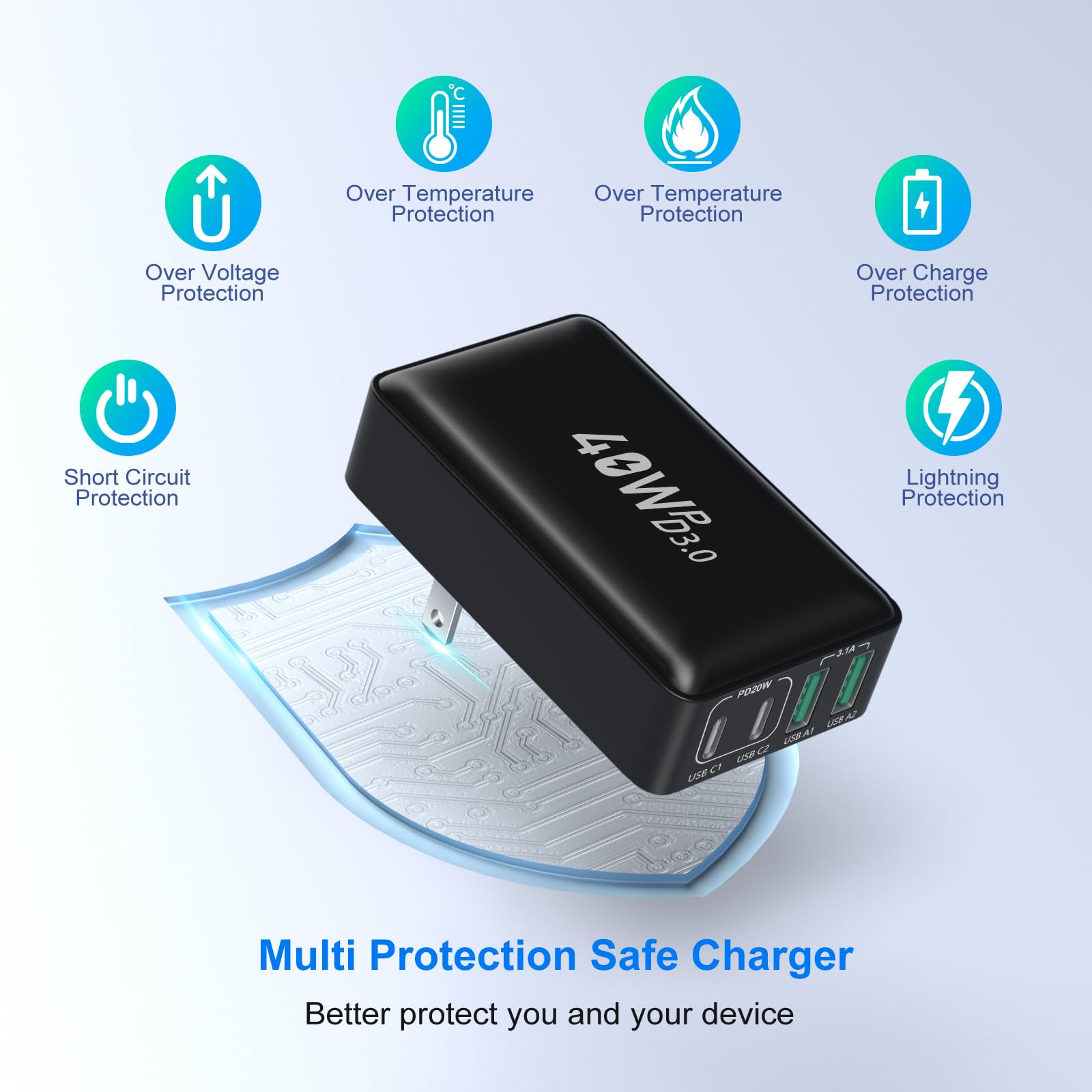 40W 4-Port USB C Fast Wall Charger 3-Pack with Dual PD+QC - Foldable Compact Design for iPhone 15/14/13/12/11/Pro Max/XS/XR, iPad, Galaxy S23/S22/S21 - Perfect for Travel, Home & Office Fast Charging