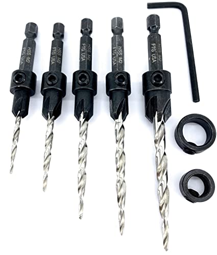 FTG USA 5-Piece Wood Countersink Drill Bit Set - #4,6,8,10,12 Tapered Hex Shank Bits with 2 Stop Collars & Allen Wrench - Perfect for Woodworking, Cabinetry, and DIY Furniture Projects
