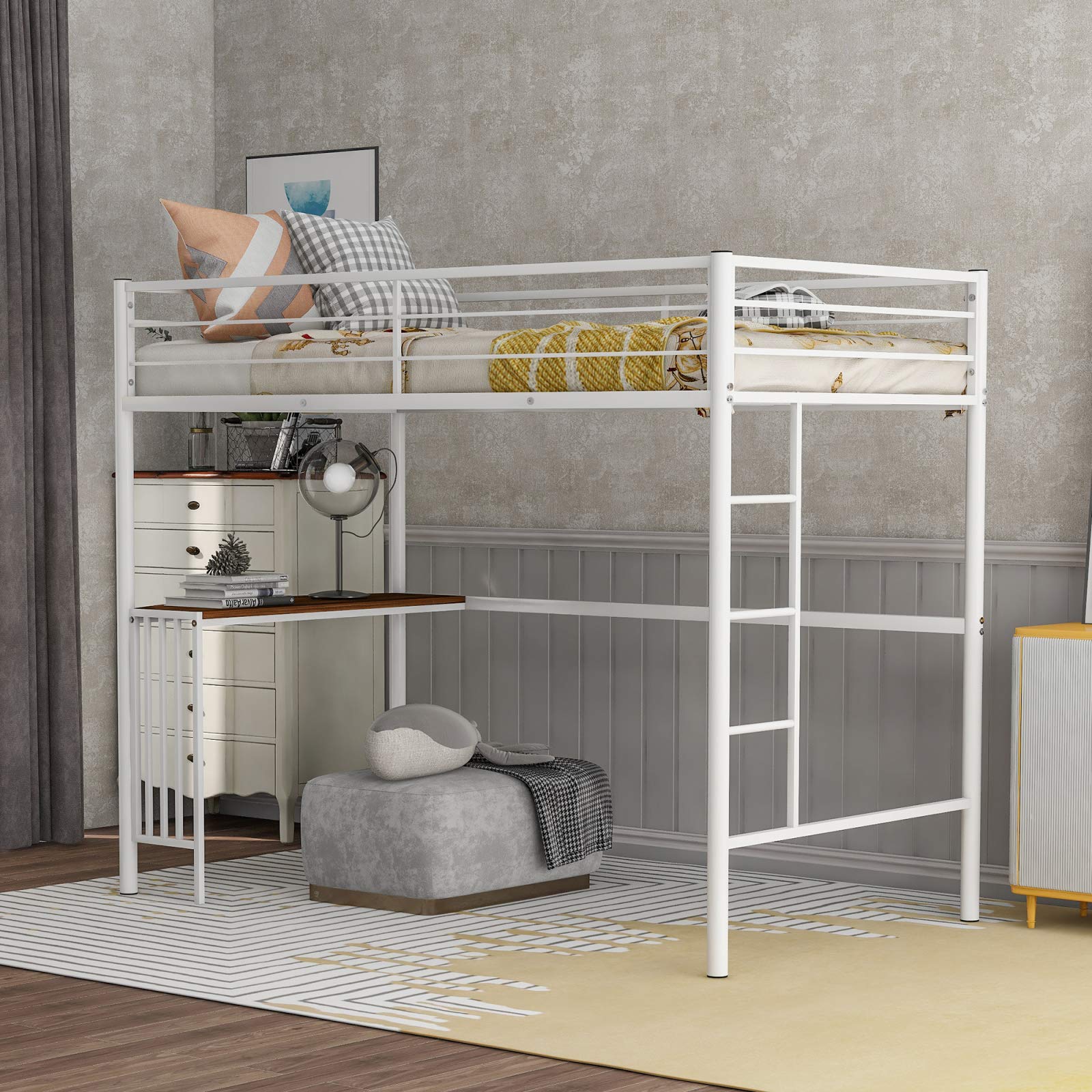 Twin Metal Bunk Bed with Desk & Ladder - Space Saving Kids Loft Bed for Small Bedrooms - Perfect for Siblings, Sleepovers & Dorm Rooms