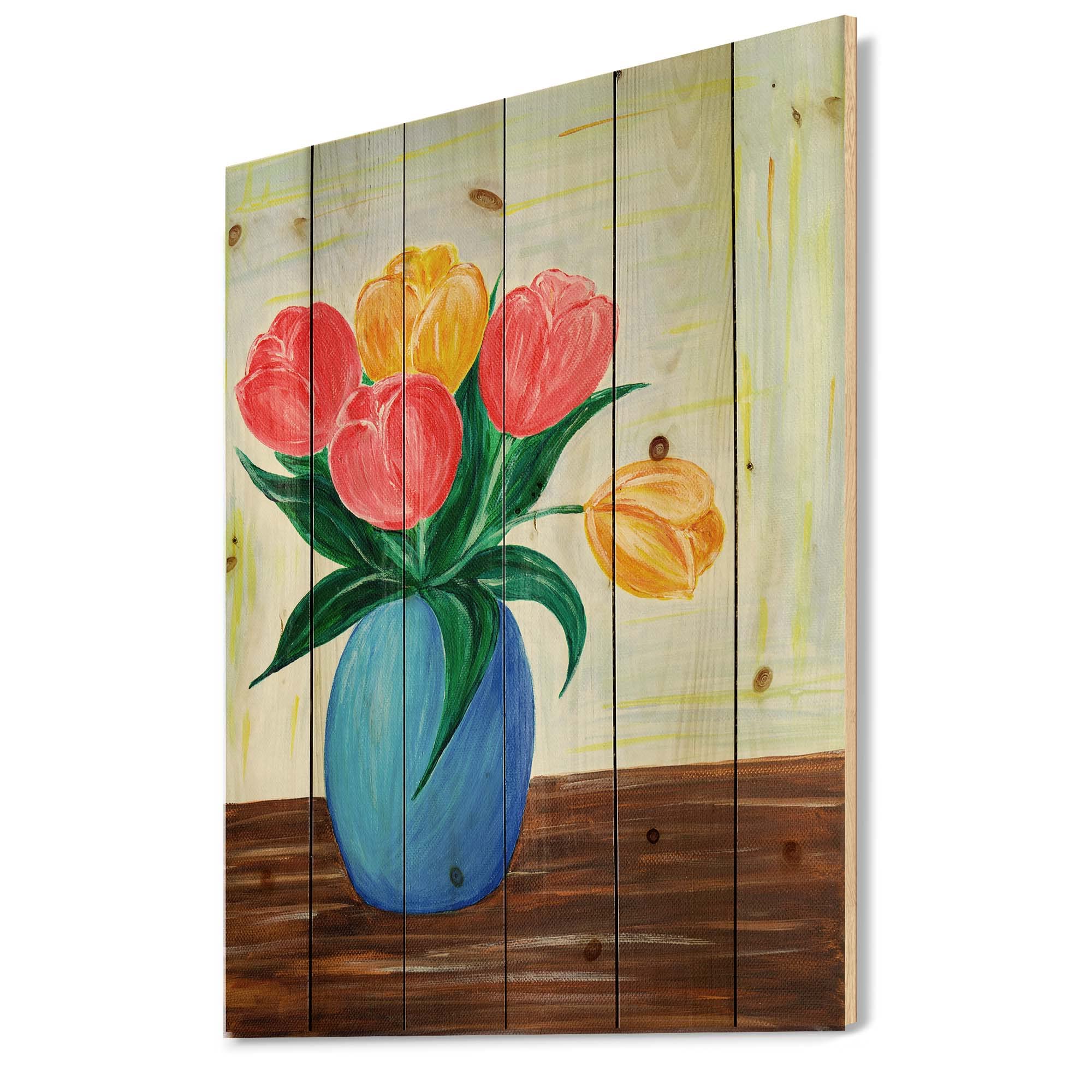 DesignQ Bouquet of Red and Orange Tulips in Vase - Traditional Wood Wall Decor, Large Floral Pine Wood Wall Art Panels - Perfect for Living Room, Bedroom & Office Decor