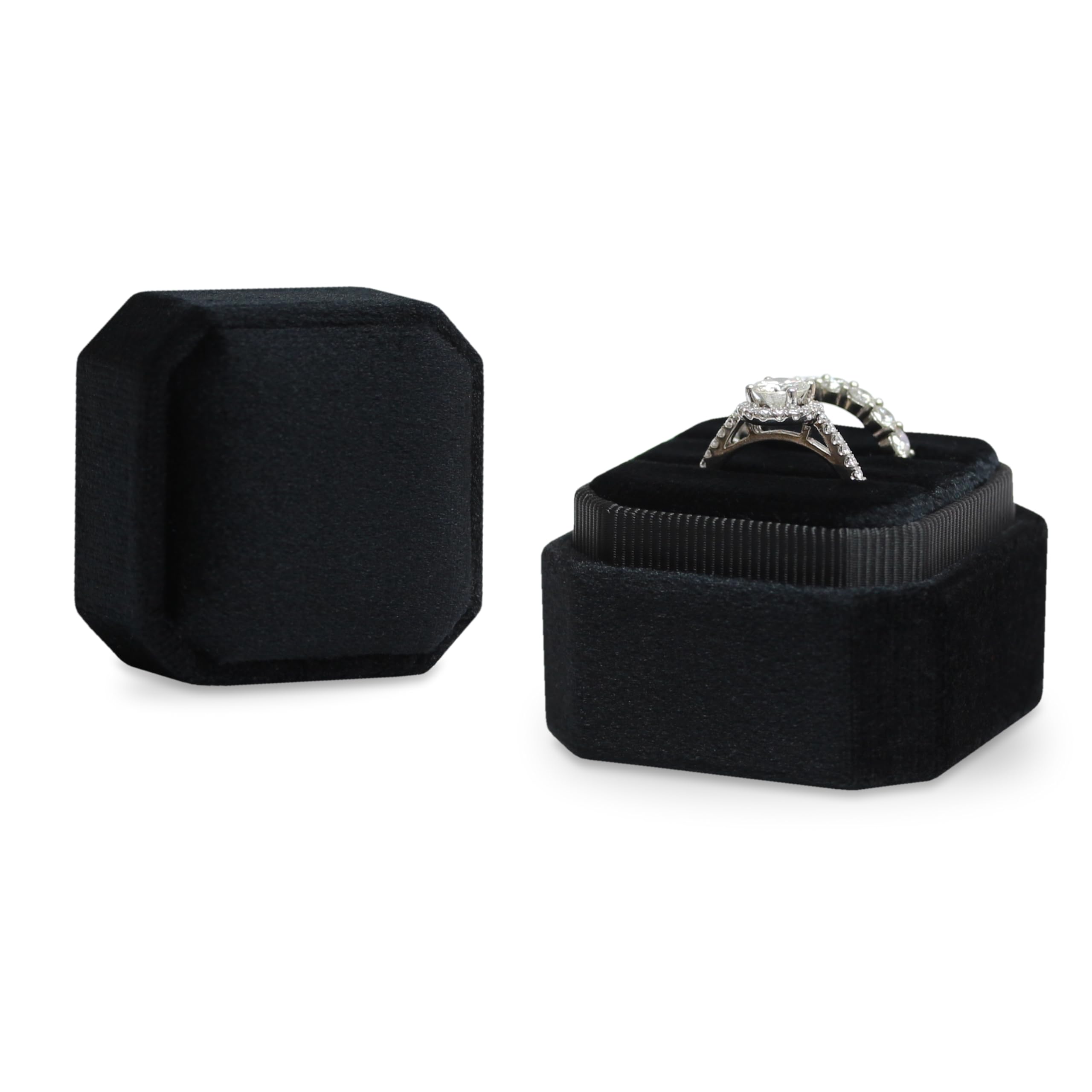BLUTETE Square Octagon Ring Box 2 Slots - Wedding Engagement Ring Set Keepsake Jewelry Display Box - Bridal Photo Gift Box for Proposals, Anniversaries & Special Occasions (Black)