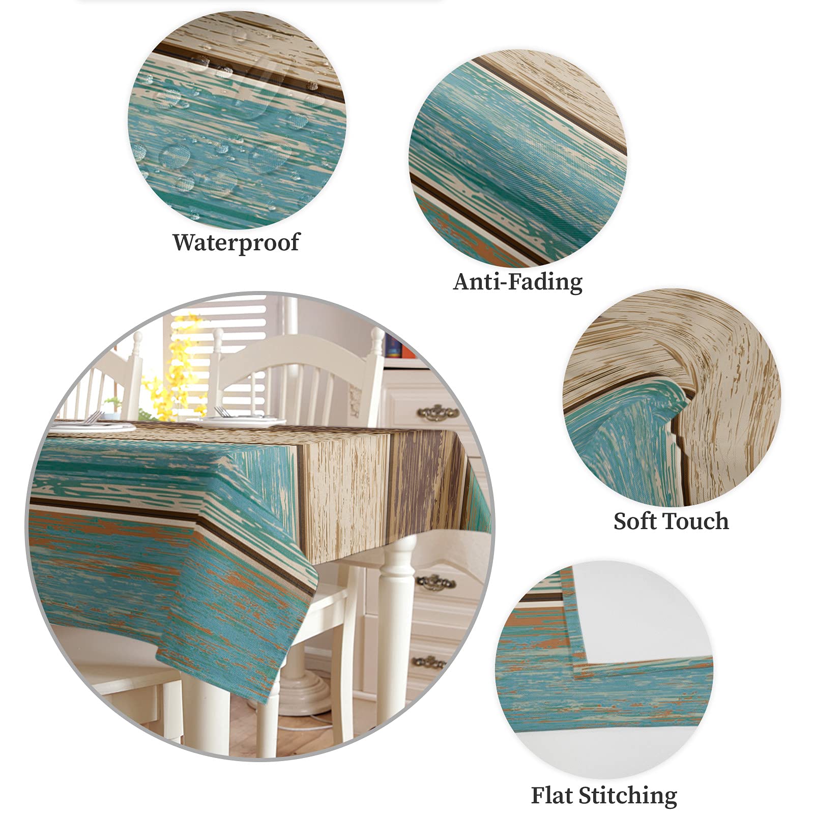 Waterproof Oil-Resistant Teal Turquoise Tablecloth - Retro Wood Green & Brown Rectangle Table Cover (52x70 Inch) for Kitchen, Dining, Outdoor Party, Holidays & Everyday Use