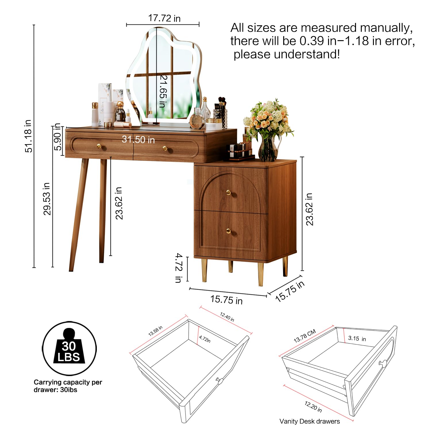 Brown Modern Corner Makeup Vanity Table with LED Lighted Mirror & 4 Spacious Drawers - Bedroom Dressing Desk with Nightstand, Minimalist Writing Desk for Women & Girls | Perfect for Small Spaces, Makeup Organization & Home Office Use