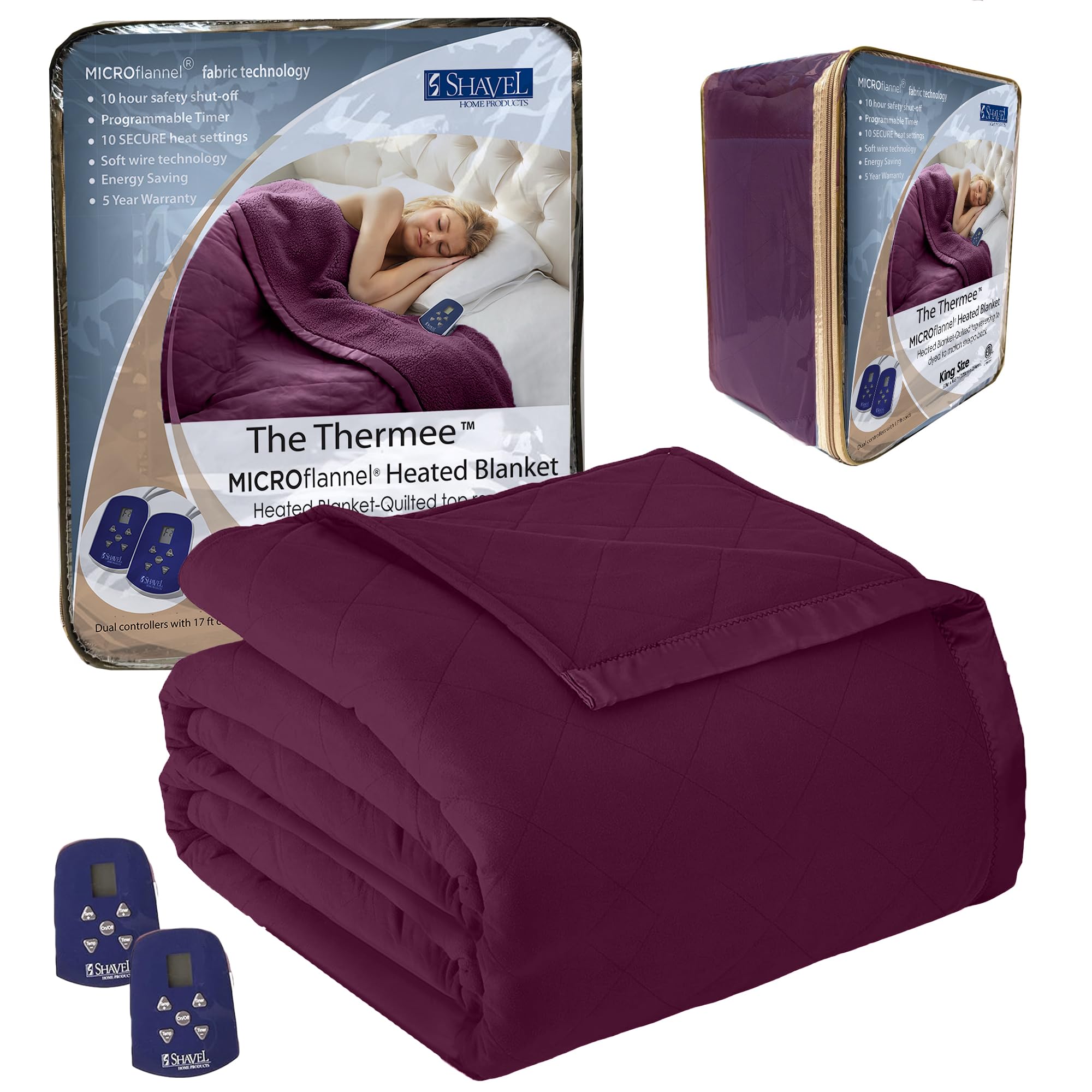 Thermee Micro Flannel Heated Blanket - King Size Electric Blanket with 10 Heat Settings & Programmable Timer | Ultra Soft Rapid Heating Throw for Bed, Couch & Office | Burgundy Warm Blanket for Winter & Cold Nights