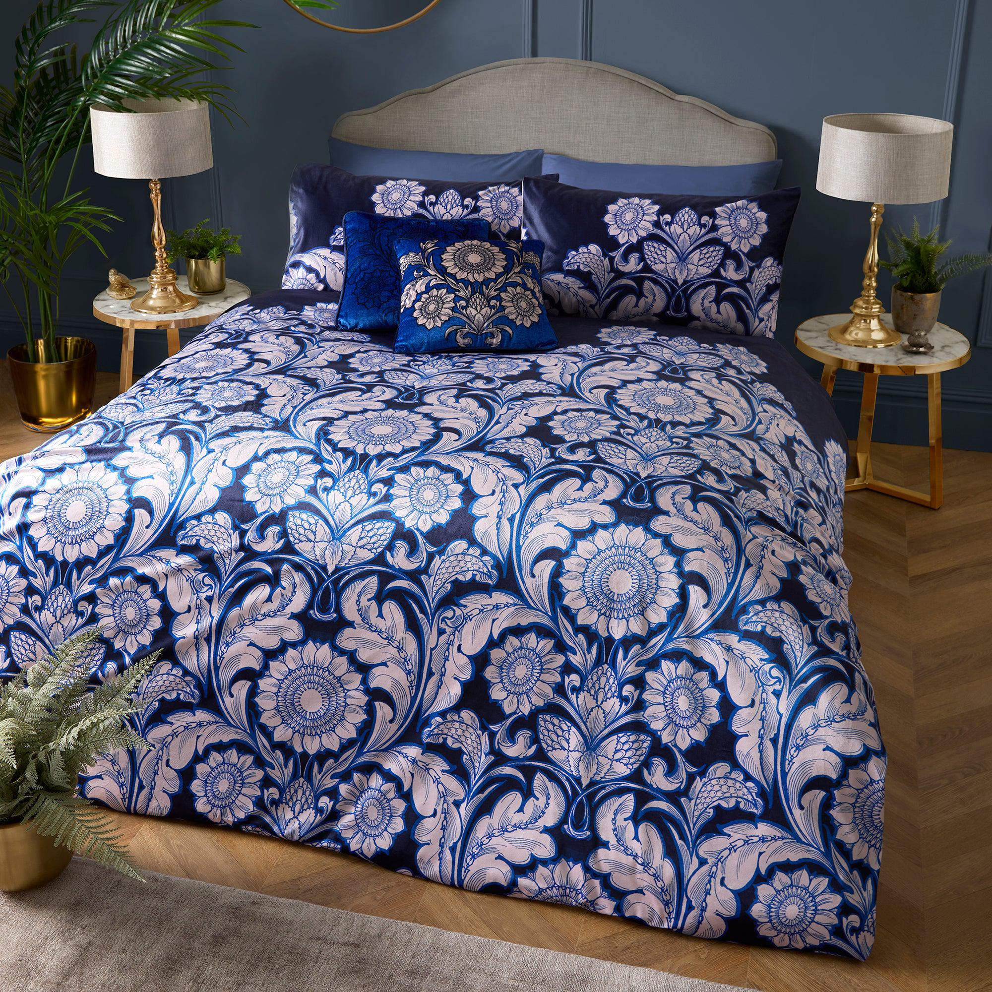 Laurence Llewelyn Bowen Romilly Duvet Cover Set - King Size Blue Floral Bedding Set for Master Bedroom & Guest Room Decor