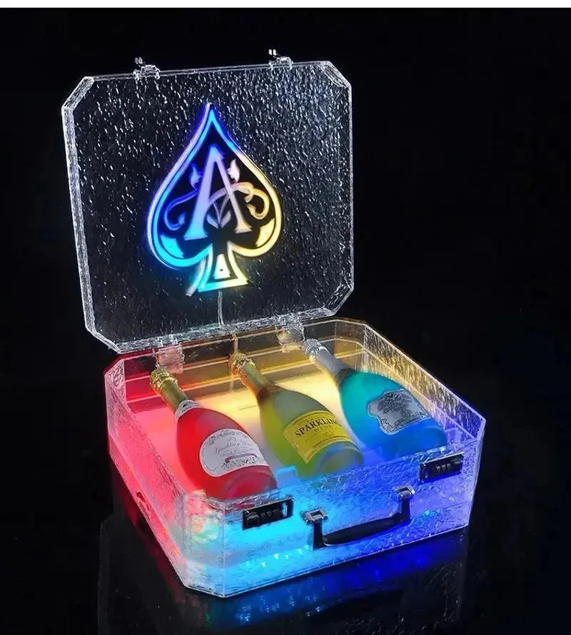 Premium LED Champagne Wine Box - Portable Ice Rock Display Case for 3 Bottles (Ace of Spade Design) - Whisky & Wine Carrier Suitcase with LED Lights - Perfect for VIP Gifts, Parties, and Luxury Home Bar Display