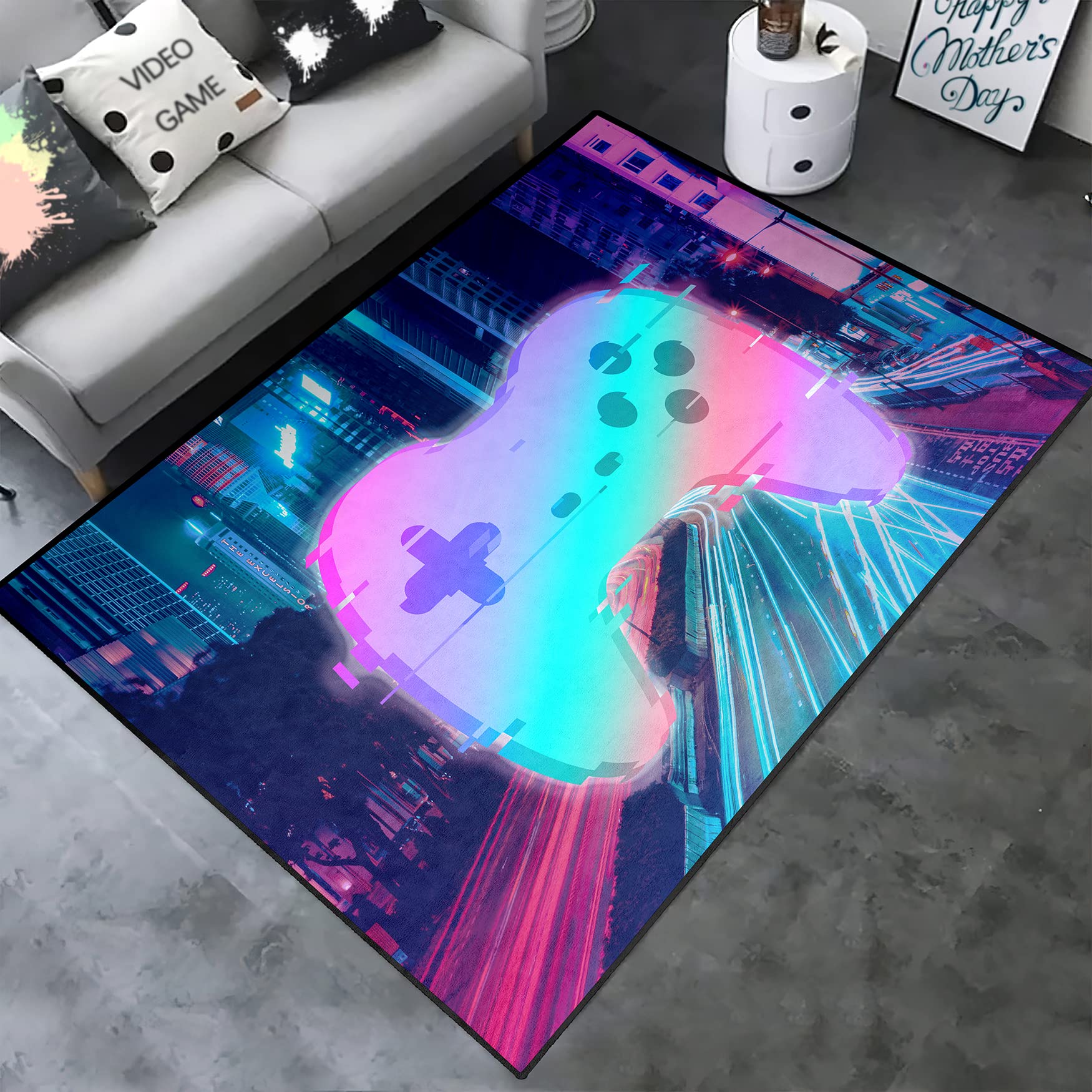 Anime Gamepad Controller Area Rug - Large Video Game Themed Carpet for Bedroom, Living Room & Gaming Room | Modern City Design Home Decor | Perfect for Gamers & Anime Fans