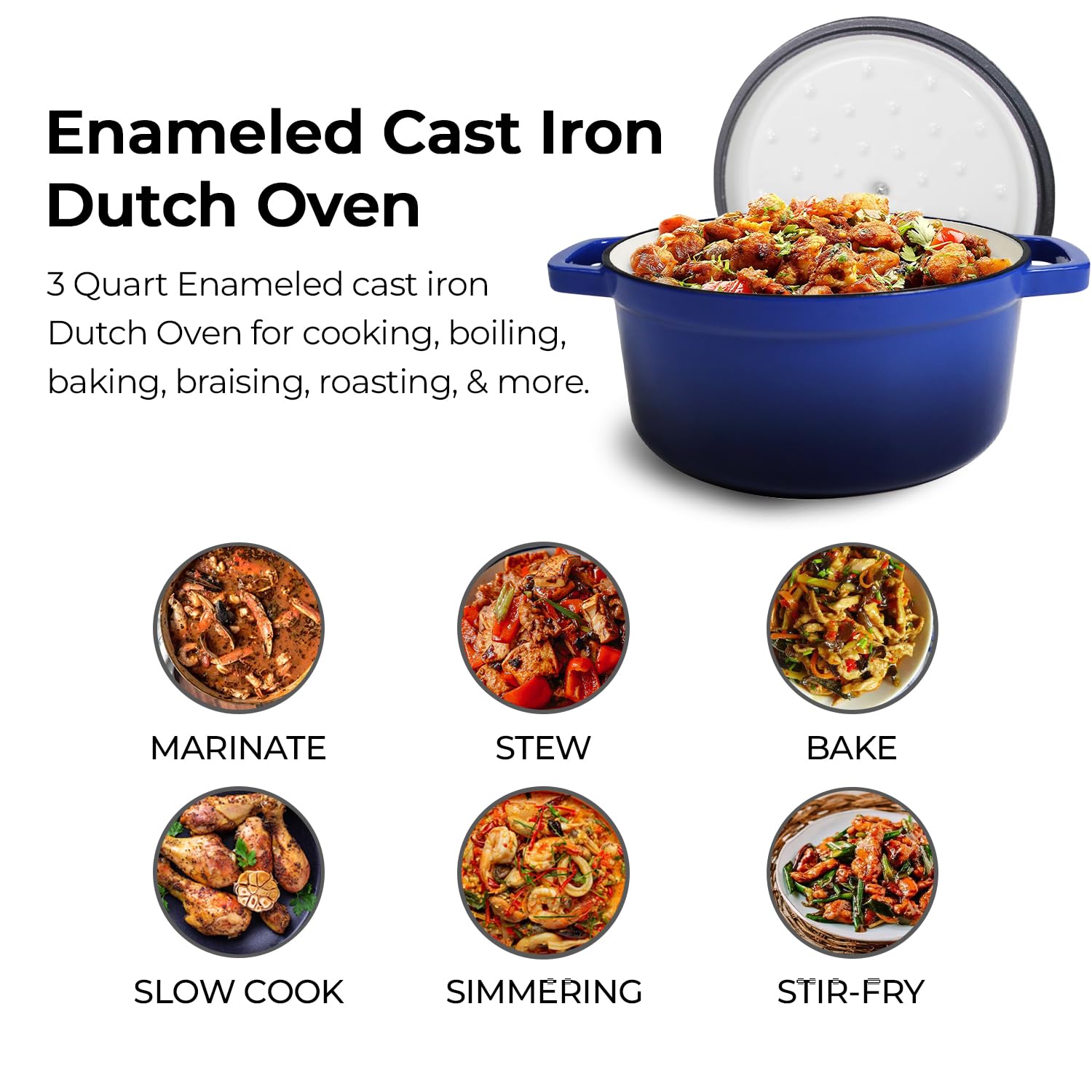Healthy Choices 3 Qt Enameled Cast Iron Dutch Oven with Lid - Small Blue Pot for Bread Baking, Soups & Stews - Even Heat Distribution, Works on All Cooktops (Up to 500°F) - Perfect for Family of 4, Wedding Registry & Kitchen Gifts - Ideal for Home Cooking, Camping & Outdoor Adventures