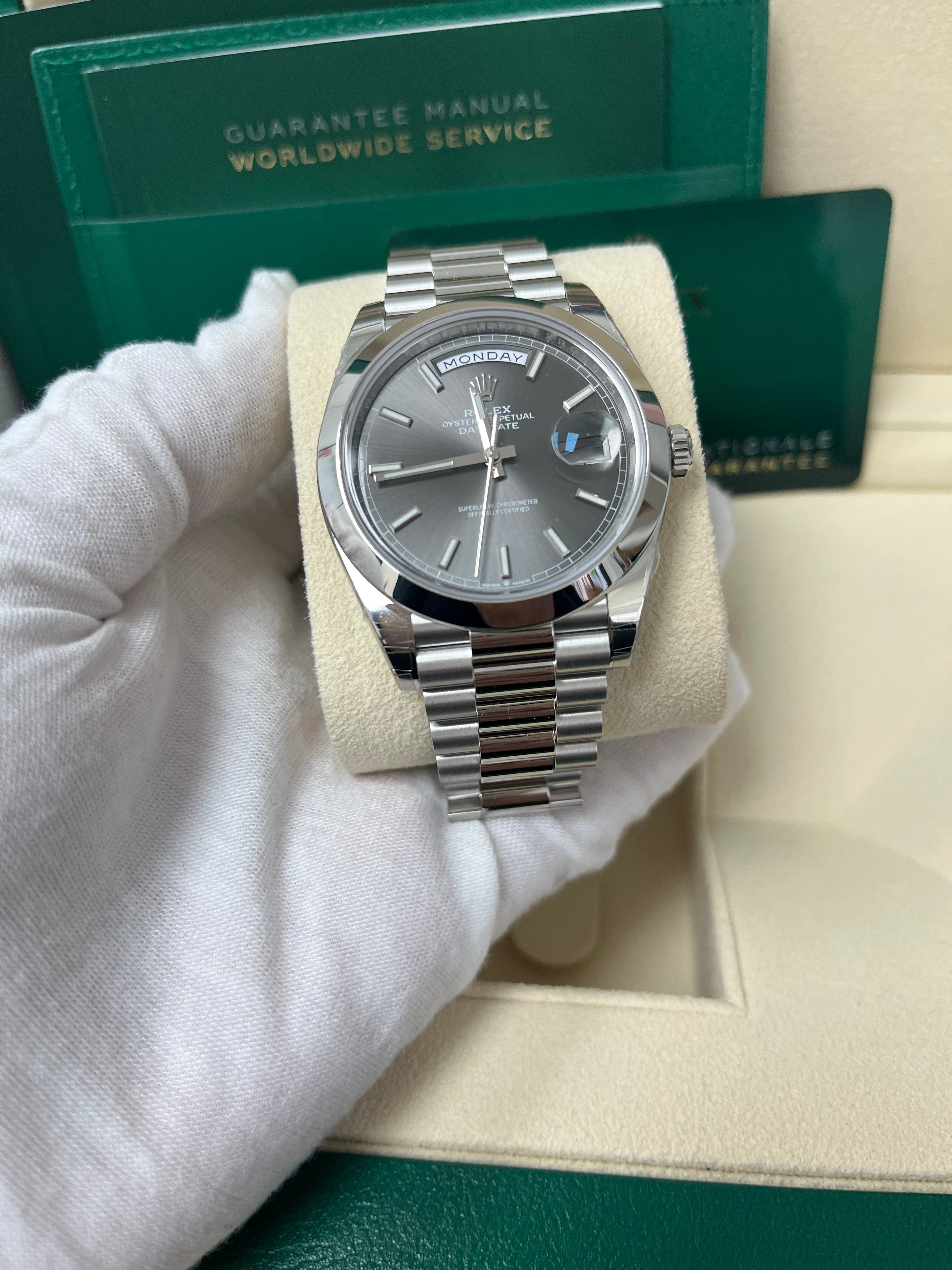 Rolex Day Date 40mm Platinum Watch with Grey Dial & Smooth Bezel - Ref.228206 | Luxury Dress Watch for Business & Formal Occasions