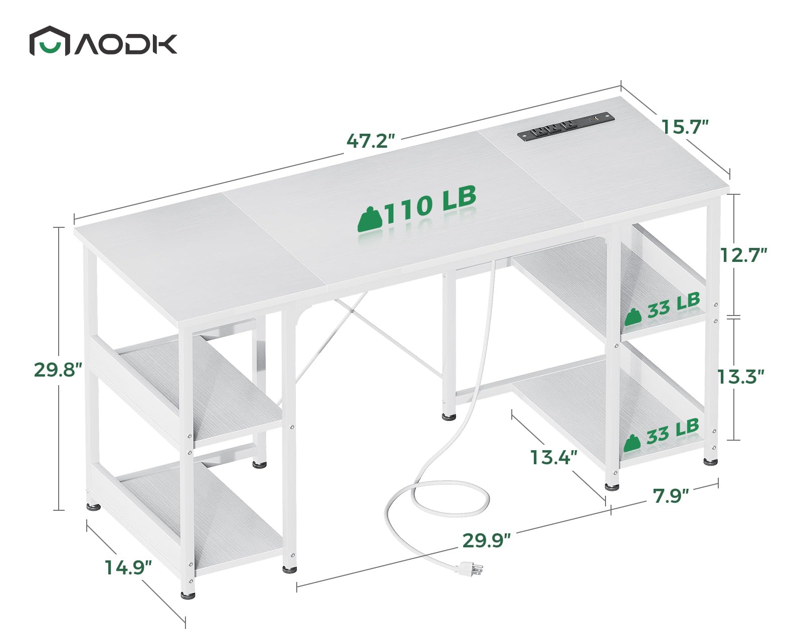 AODK 48 Inch Small Computer Desk with Power Outlets & USB Charging Port, Home Office Desk with Storage Shelves, Space-Saving Student Laptop Desk for Small Spaces - Perfect for Home Office, Study Room, Dorm & Kids Bedroom (White)