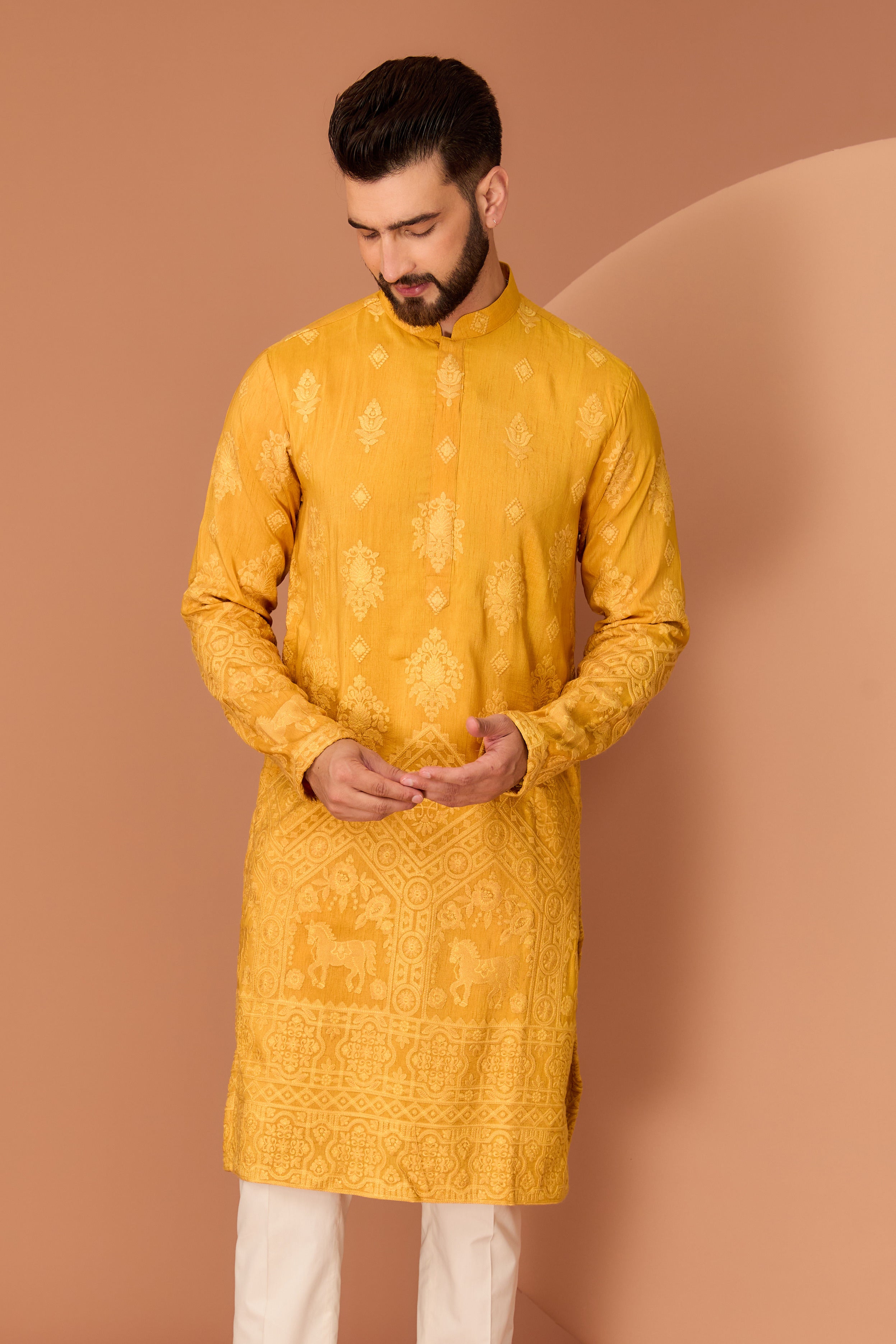 Mustard Chikankari Kurta with Intricate Figure Embroidery on Ghera - Elegant Indian Traditional Dress for Women - Perfect for Festivals, Weddings & Special Occasions