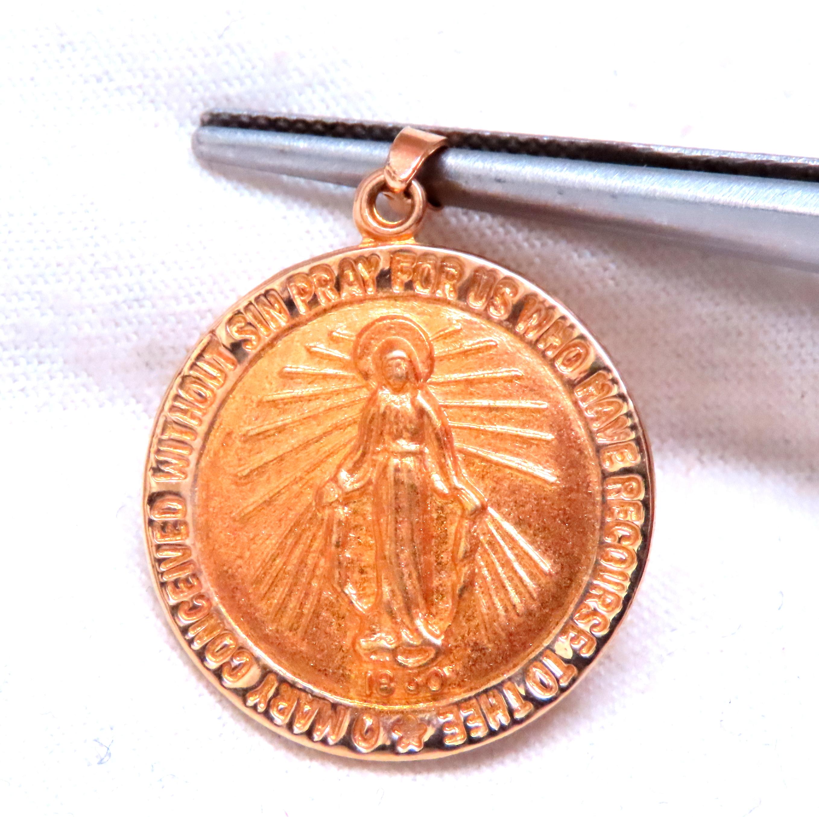 14kt Yellow Gold Miraculous Medal Pendant Charm for Prayer - Religious Jewelry Gift for Baptism, First Communion & Devotional Wear