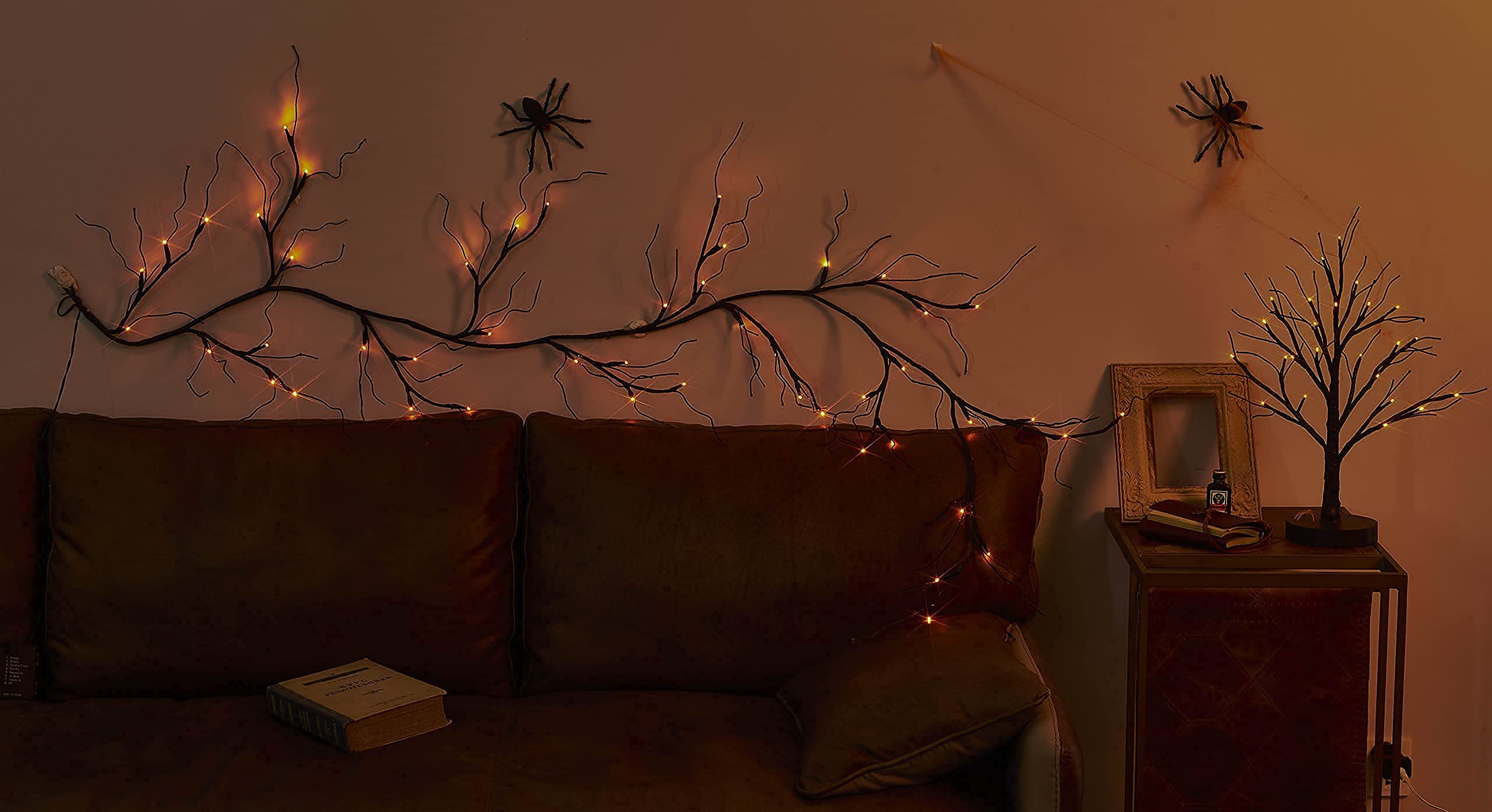 LITBLOOM 6FT Black Glitter Halloween Garland with 48 Orange & Purple LED Lights - 8 Lighting Modes, Battery Operated for Indoor/Outdoor Decor - Perfect for Halloween Parties, Home Decor, and Seasonal Celebrations