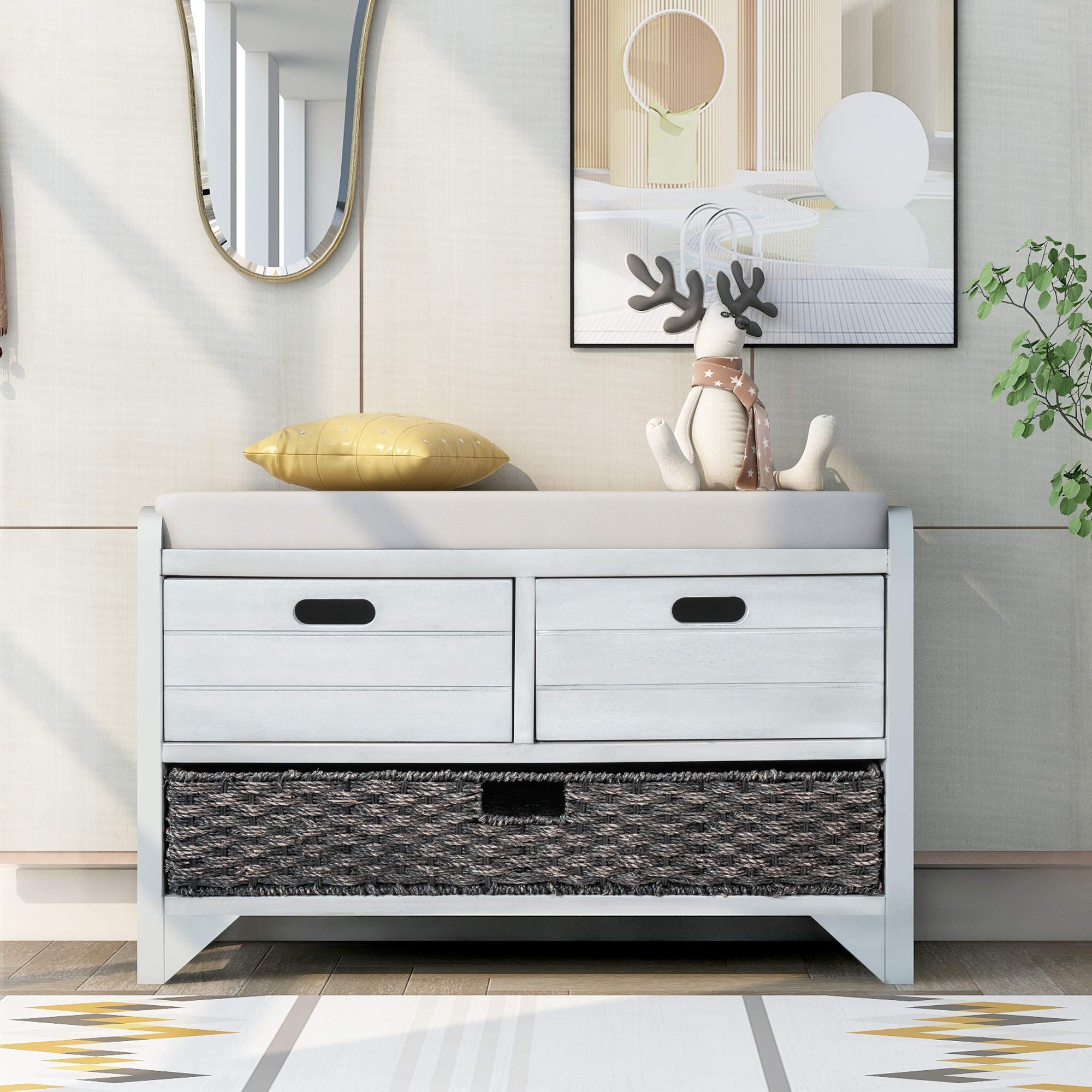 Wooden Storage Bench with 2 Drawers & Wicker Basket - Fully Assembled Entryway Bench with Removable Cushion - Hallway Shoe Bench for Living Room, Bedroom & Entryway Organization (Light Grey)