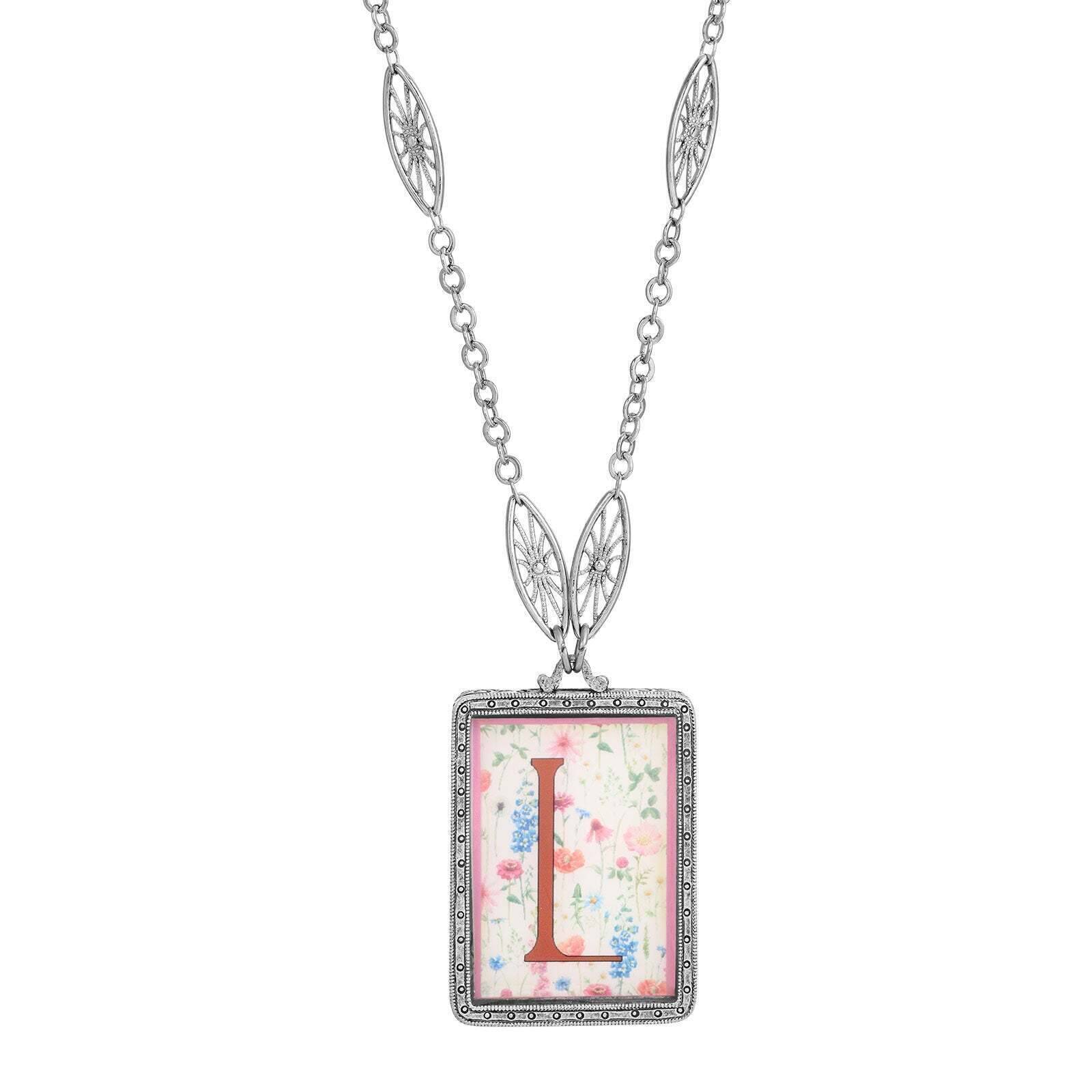 1928 Jewelry Pink Floral Initial Pendant Necklace - 30 Inch Gold Plated Chain, Personalized Name Letter Necklace for Women, Perfect Gift for Birthday, Anniversary & Valentine's Day