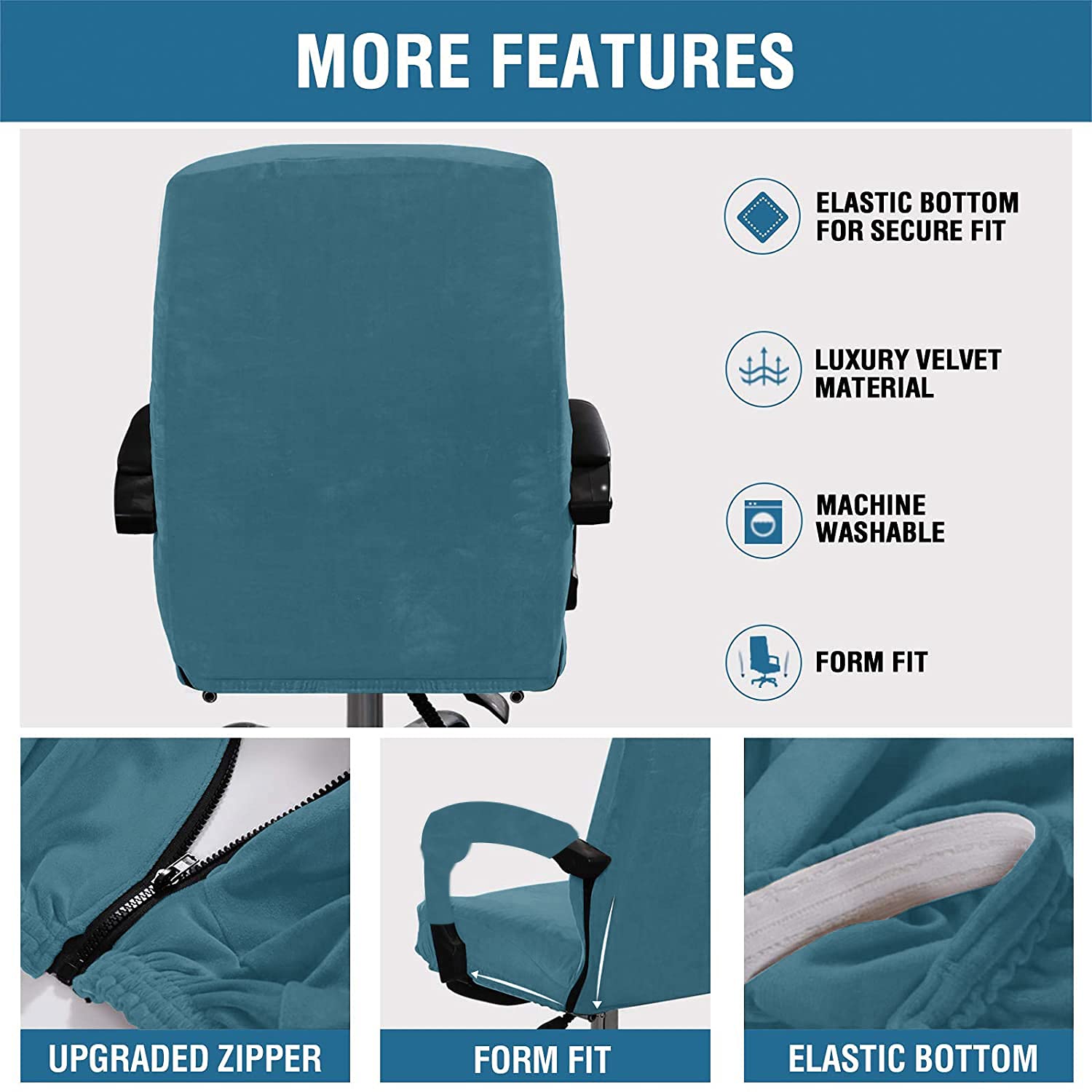 Stretchable Velvet Office Chair Cover - Removable & Washable Universal Elastic Slipcover for Computer, High Back & Rotating Chairs - Modern Minimalist Style (Blue, Large) - Perfect for Home Office, Gaming & Workspace Decor