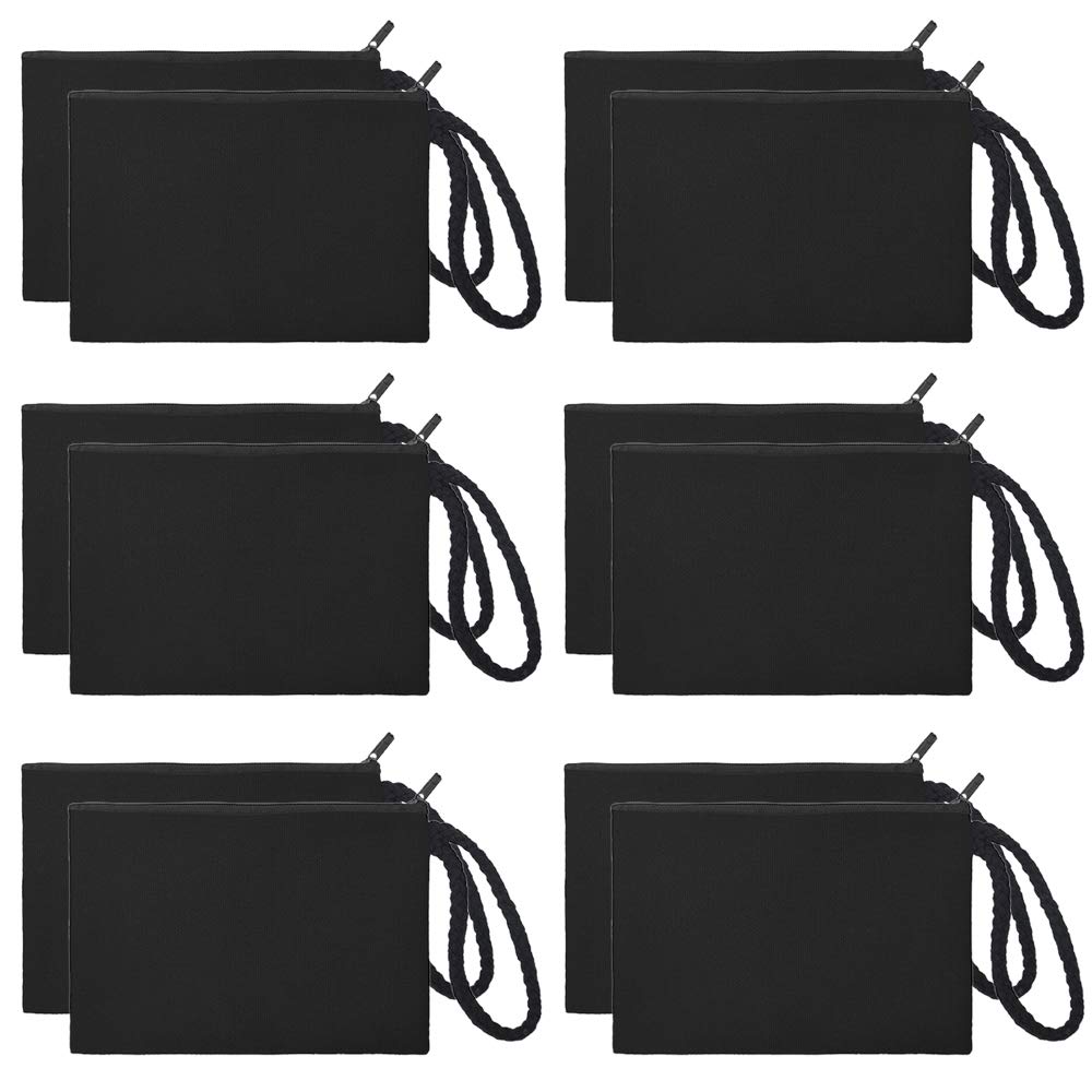 12 Pack Black Canvas Zipper Pouch Bags for DIY Crafts, School Supplies & Travel Organizers - 6.75 x 4.75 Inches - Perfect for Art Projects, Makeup Storage & Small Item Organization