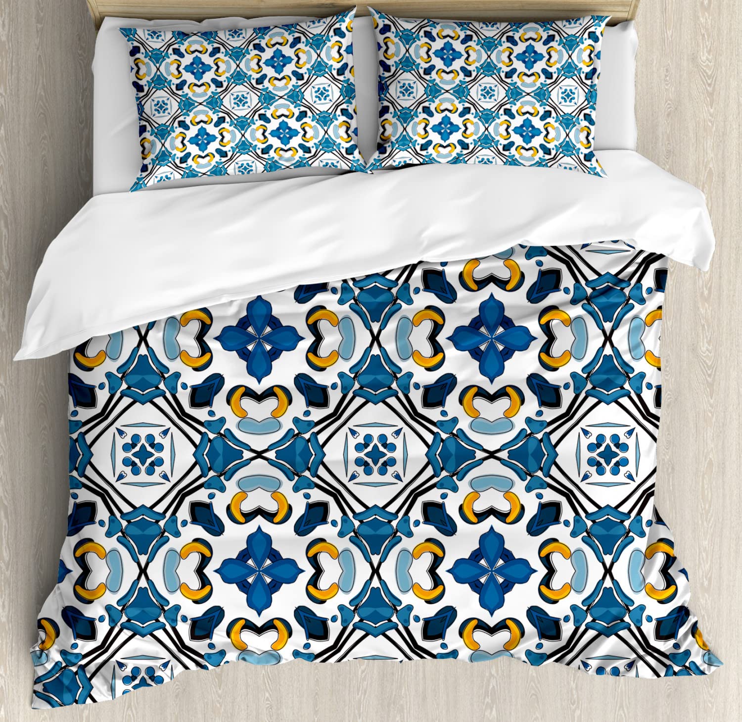 Ambesonne European Duvet Cover Set - Portuguese Ceramic Tile Art Design, Queen Size 2-Pack with 2 Duvet Covers & 4 Pillowcases, Royal Blue - Luxury Bedding for Master Bedroom, Guest Room & Vacation Homes