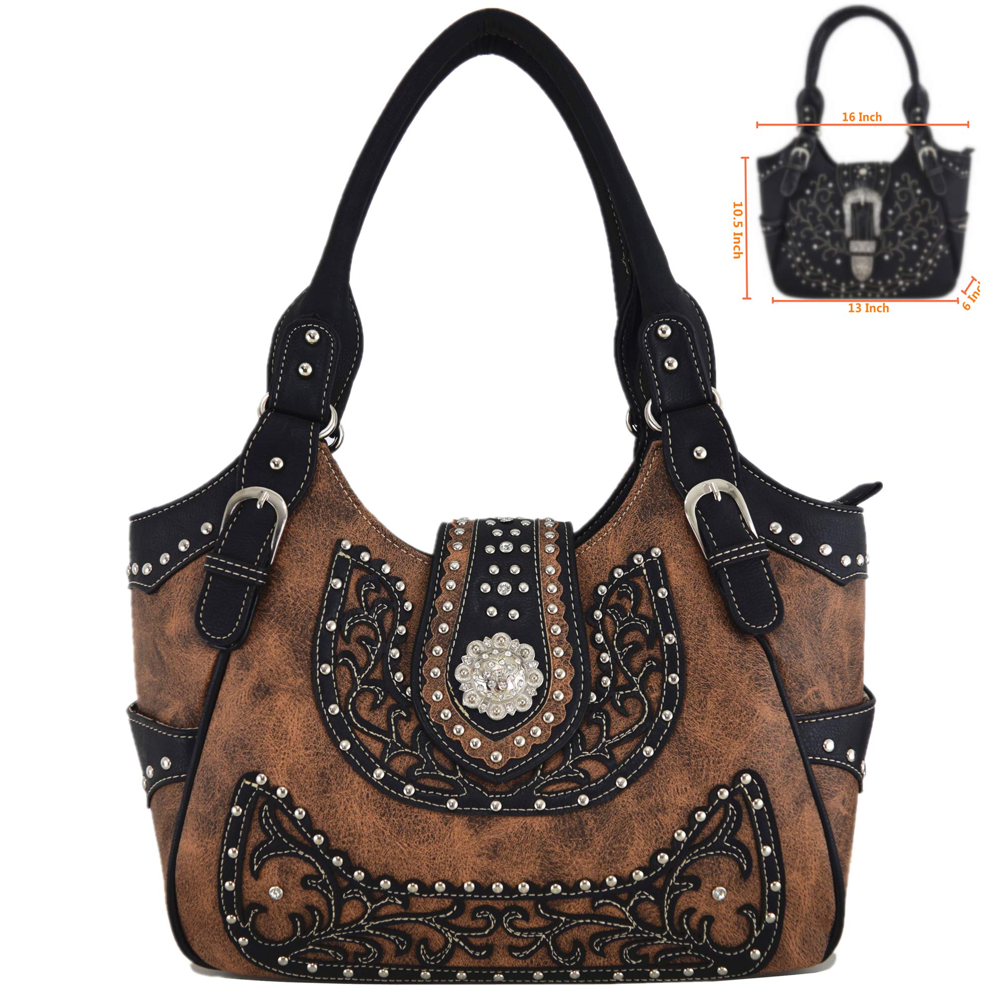 Western Style Berry Conchos Cowgirl Country Conceal Carry Crossbody Purse for Women - Leather Shoulder Bag with Wallet Set (Brown) - Perfect for Rodeo, Concerts & Everyday Use